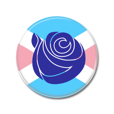 Runder Anstecker mit einer stilisierten blauen Rose auf einem Hintergrund in den Farben der transgender Flagge.