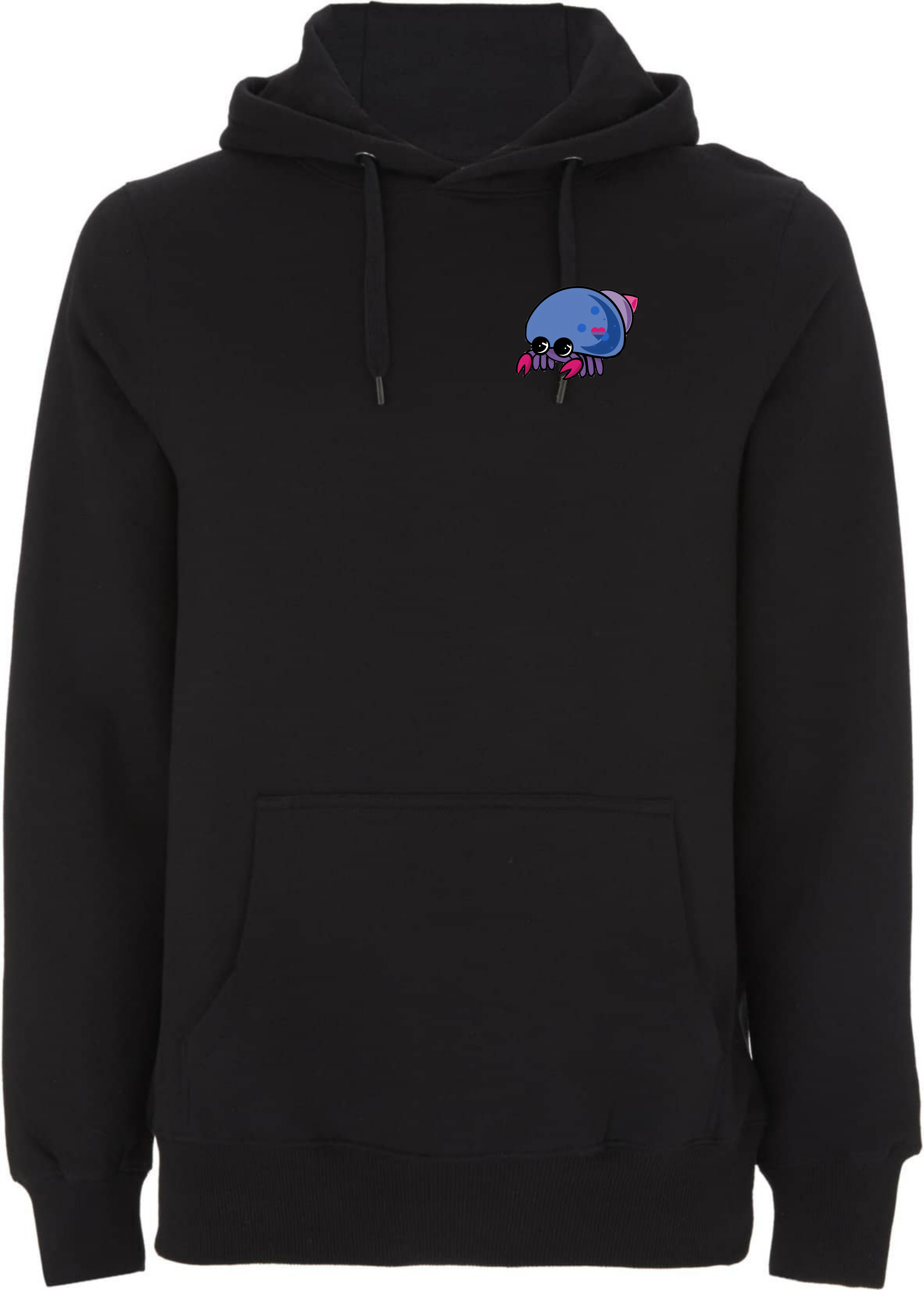 Schwarzer Hoodie mit einem bunten, cartoonhaften Oktopus-Design auf der Vorderseite.