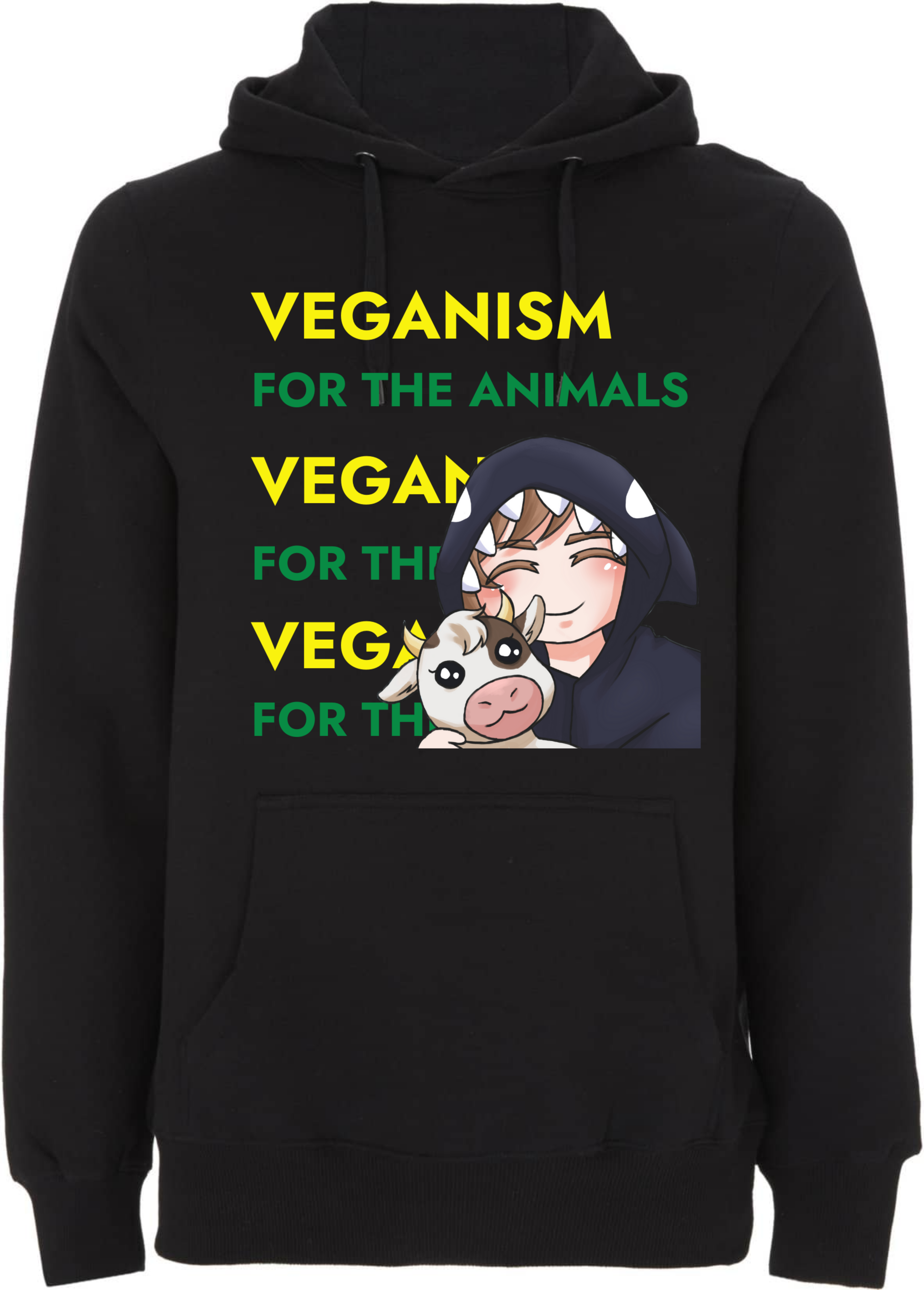 Schwarzer Hoodie mit dem Aufdruck "VEGANISM FOR THE ANIMALS" und einer cartoonhaften Figur, die ein Kalb hält.