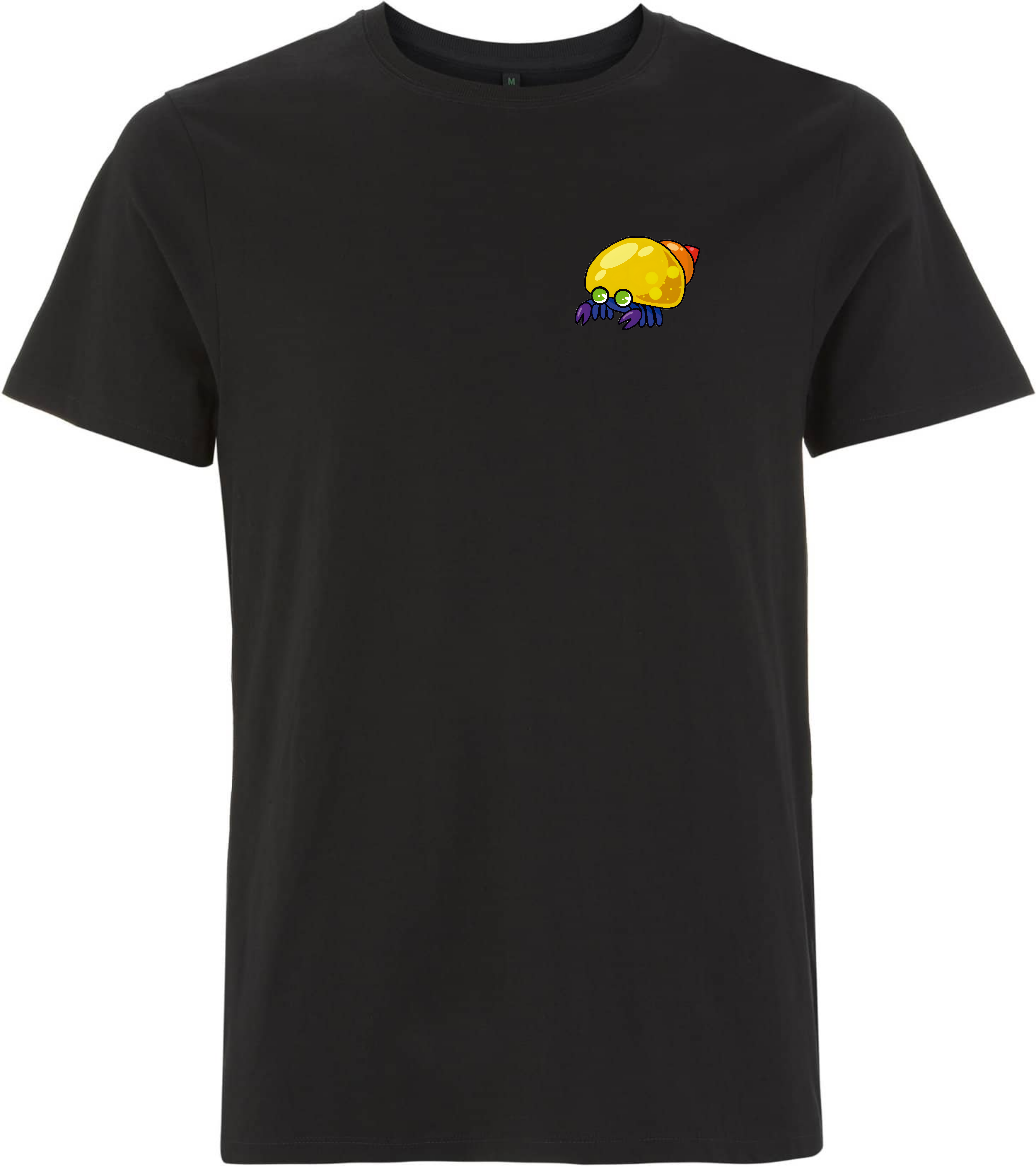 Schwarzes T-Shirt mit buntem, cartoonhaftem Krebstier-Motiv auf der linken Brustseite.