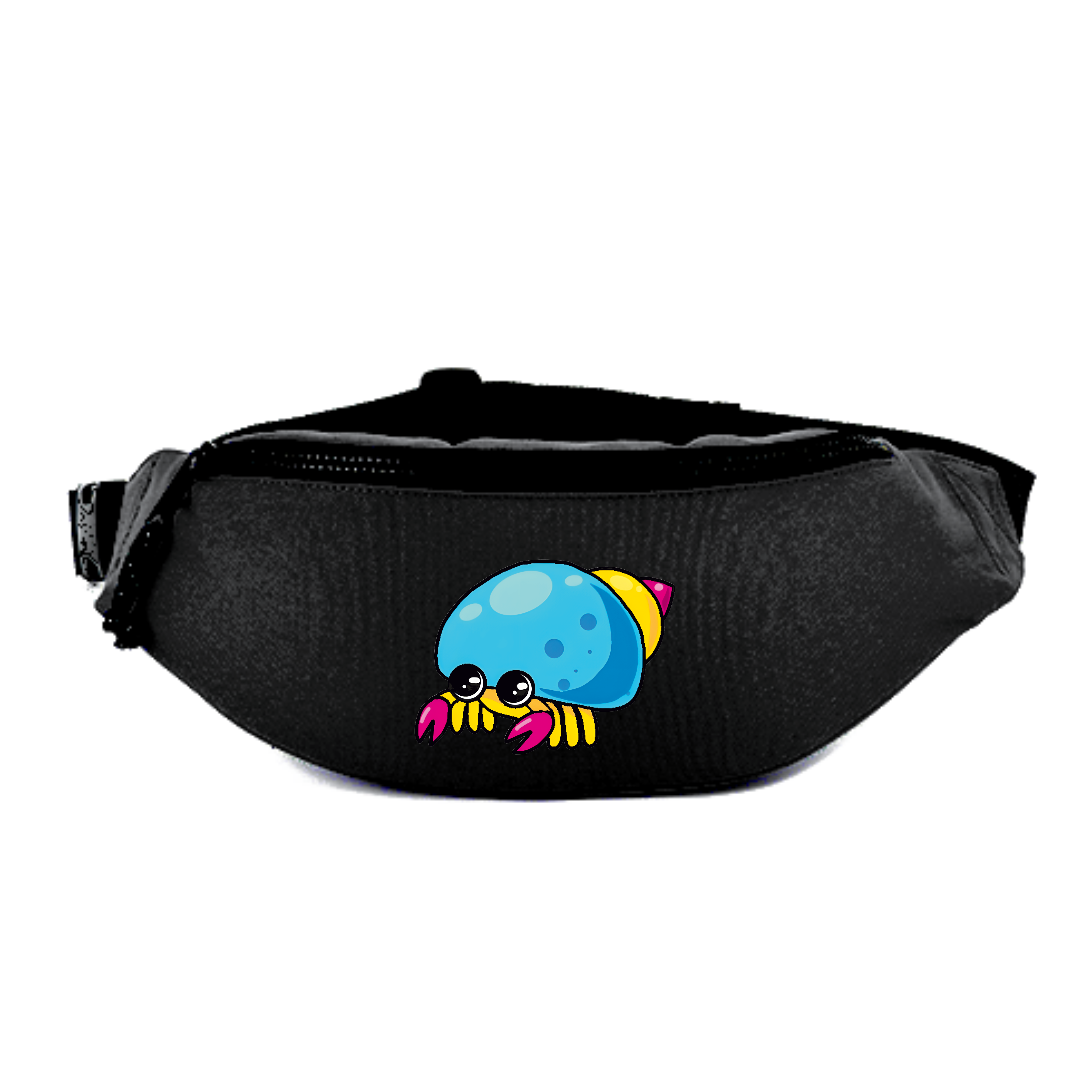 Schwarze Bauchtasche mit buntem, cartoonhaftem Krebsdesign.