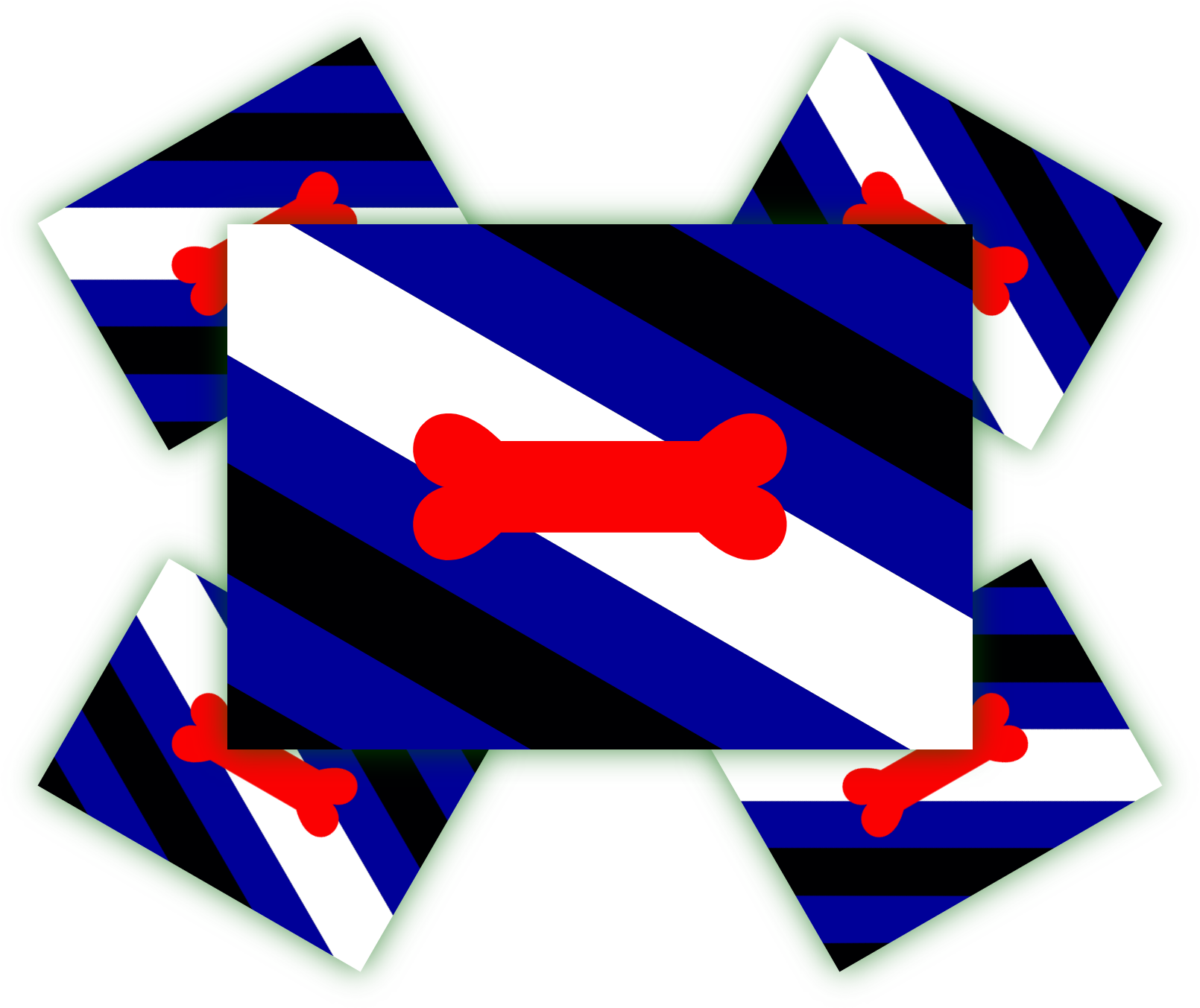 Vier quadratische Kissen mit blau-schwarz-weißen Streifen und einem roten Knochen-Motiv in der Mitte.