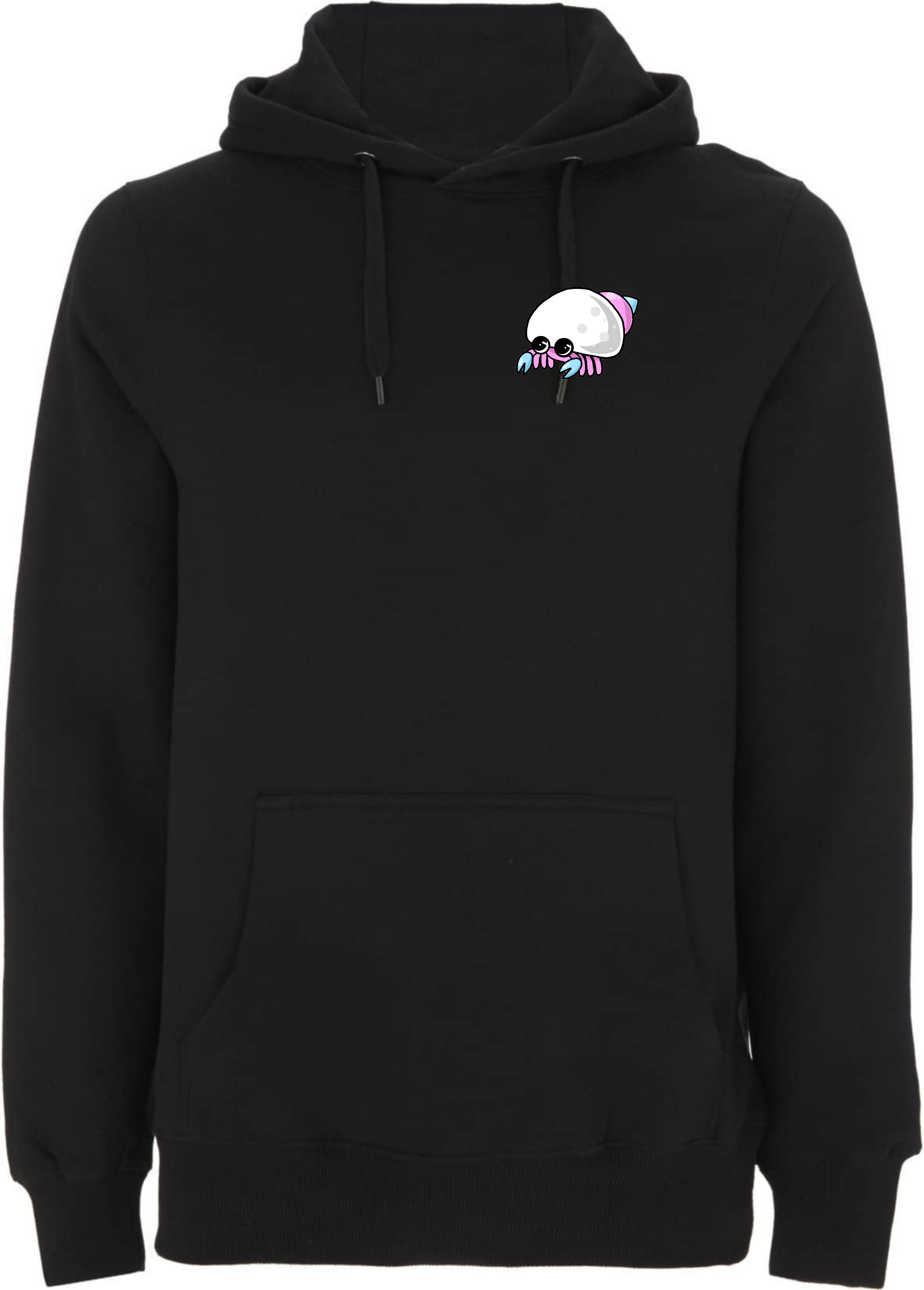 Schwarzer Hoodie mit einem bunten, cartoonhaften Tintenfisch-Design auf der Brust.