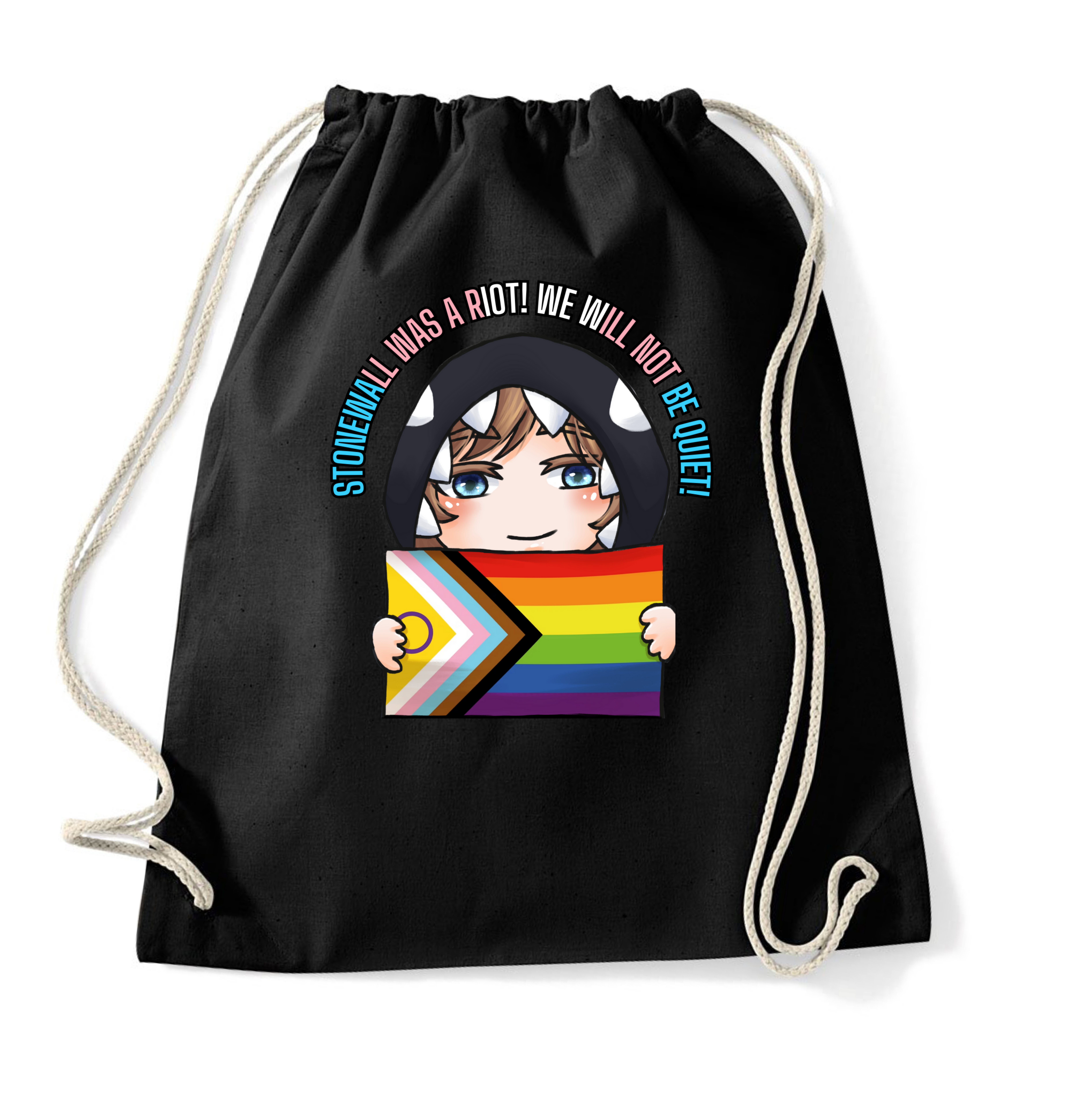 Schwarzer Rucksack mit einem fröhlichen, anime-inspirierten Charakter, der eine Regenbogenflagge hält, umgeben von dem Text „STONEWALL WAS A RIOT! WE WILL NOT BE QUIET!“