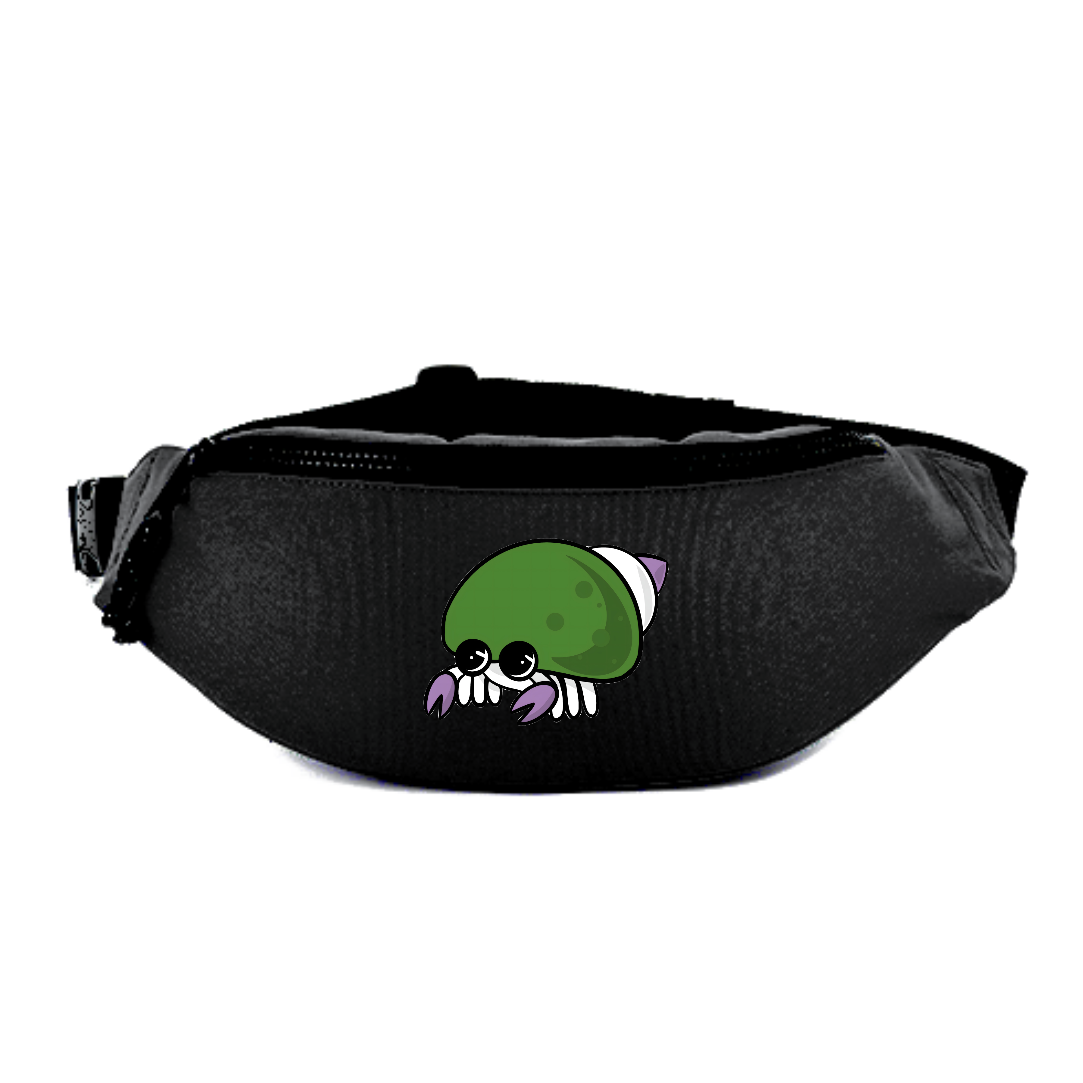 Schwarze Bauchtasche mit einem süßen, cartoonhaften Krebsmotiv in grün und lila.