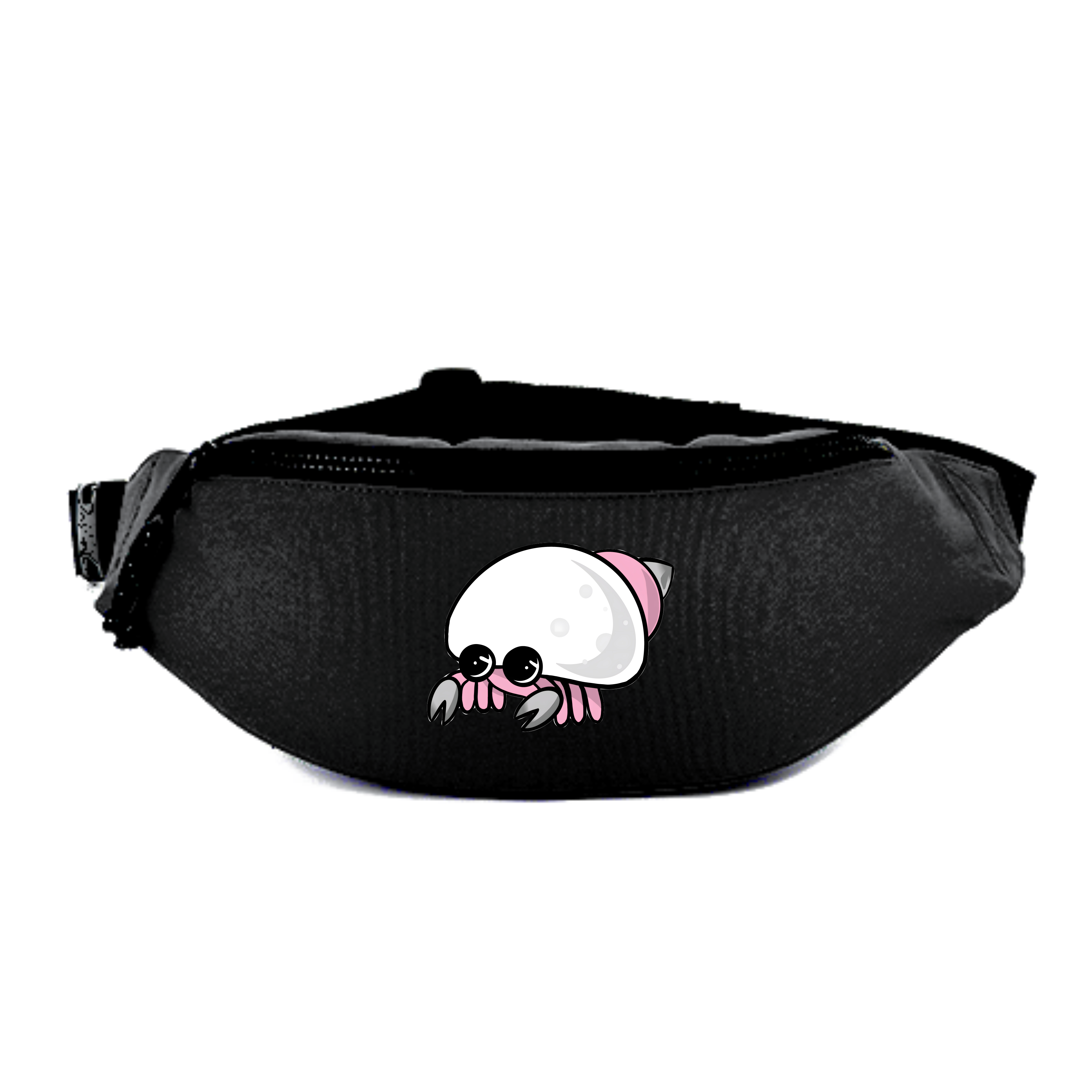 Schwarze Gürteltasche mit einem fröhlichen Krabbenmotiv in der Mitte.