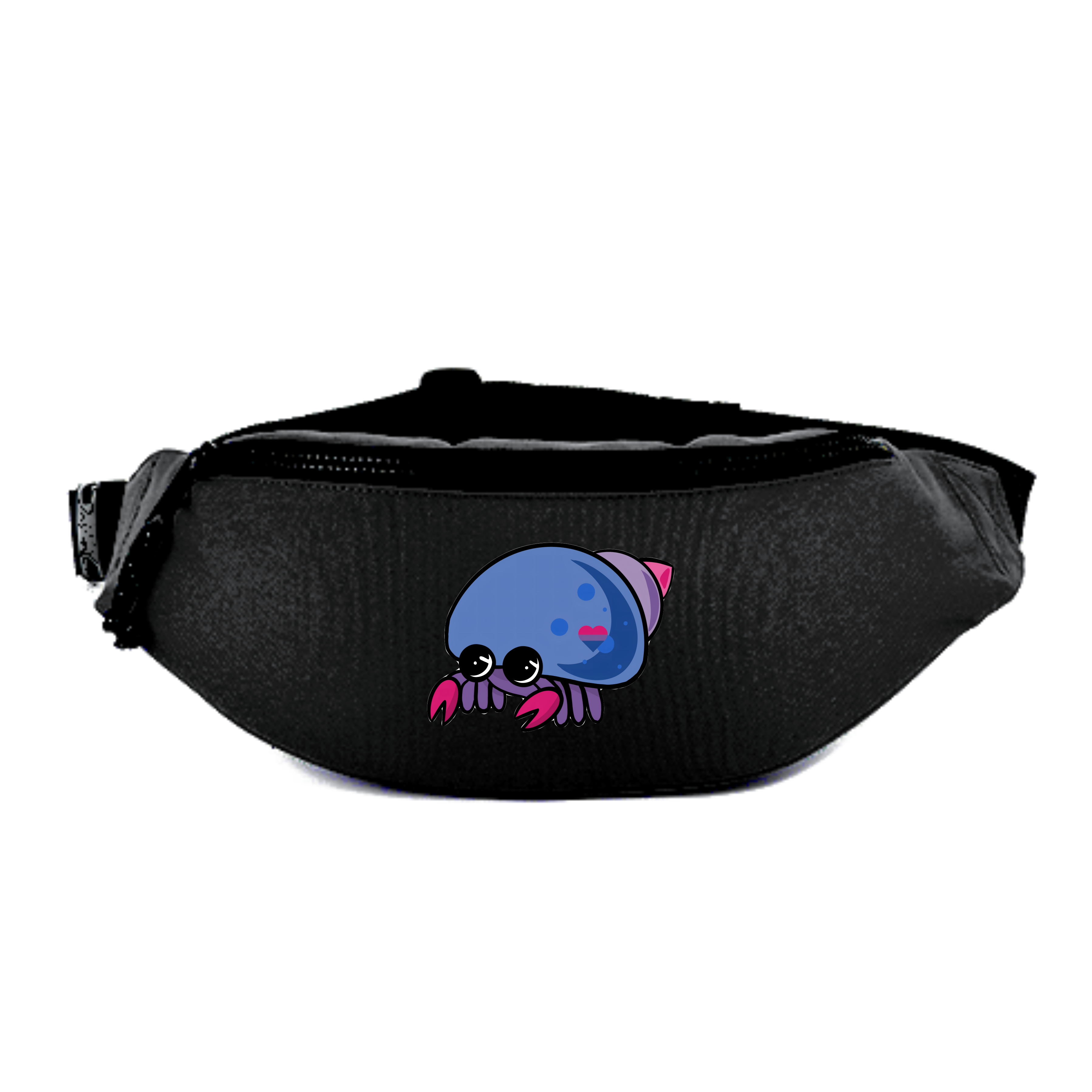 Schwarze Gürteltasche mit einem verspielten, bunten Krebsmotiv.