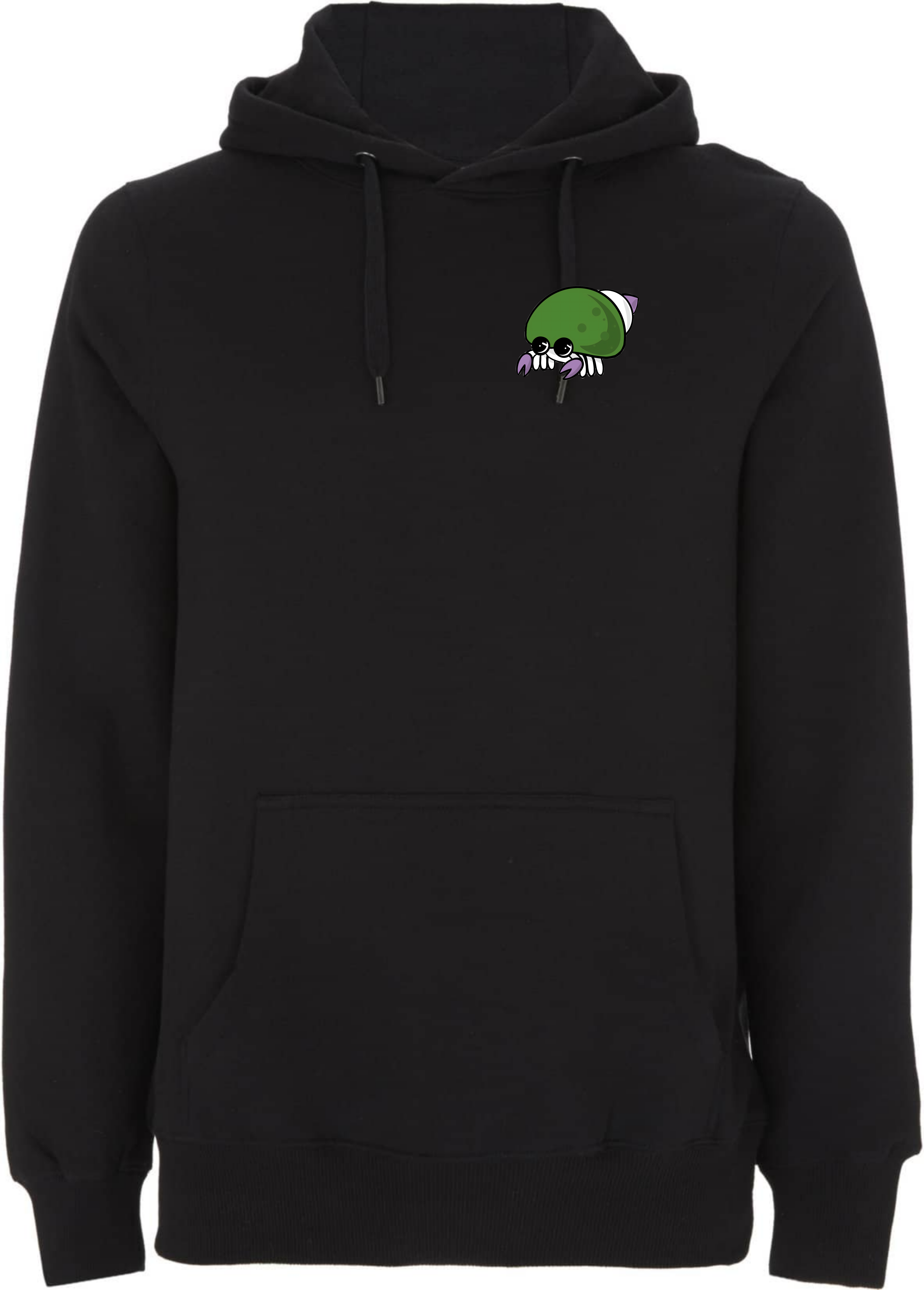 Schwarzer Hoodie mit einem verspielten, cartoonhaften Spinnenmotiv auf der Brust.