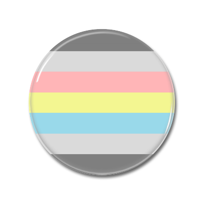Runder Anstecker mit den Farben der Flagge für nicht-binäre Identität, bestehend aus grau, weiß, hellblau, hellgelb und rosa.