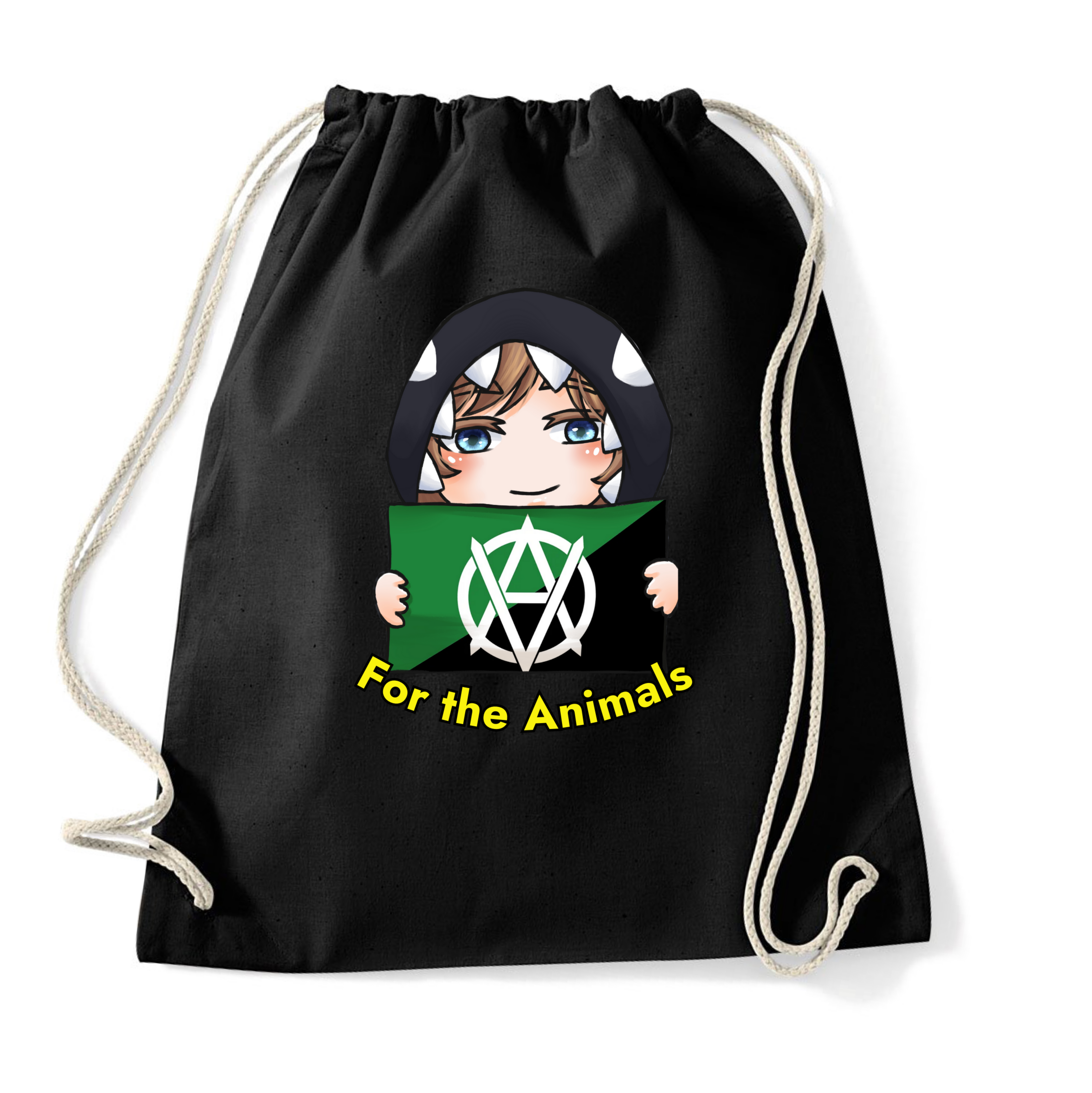Schwarzer Rucksack mit einem niedlichen Charakter, der ein Schild mit dem Motto "For the Animals" hält, und einem anarchistischen Symbol.