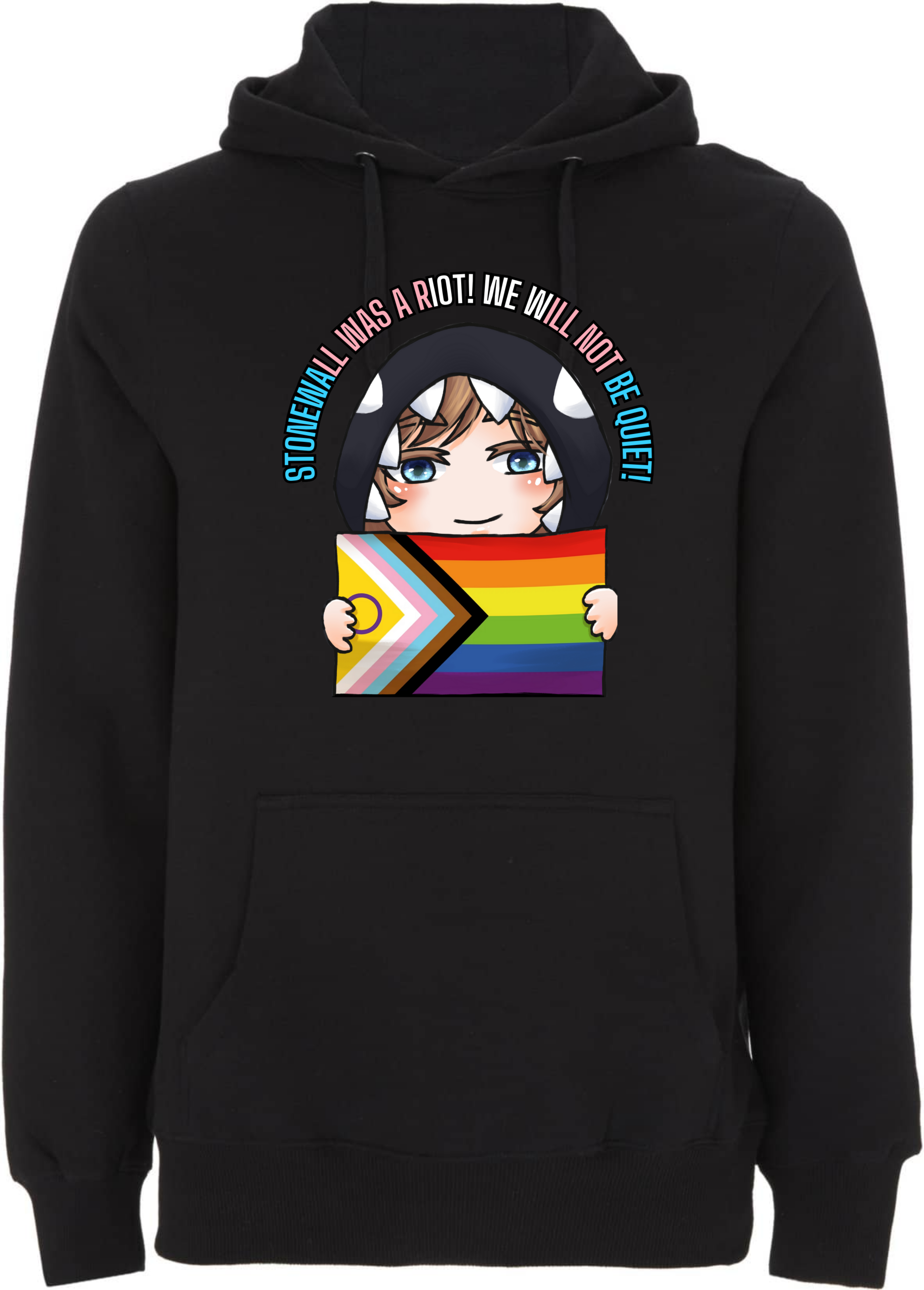 Schwarzer Hoodie mit einem bunten, cartoonhaften Design, das eine Figur in einem Kapuzenpullover zeigt, die eine Flagge mit Regenbogenfarben hält und den Text „STONEWALL WAS A RIOT! WE WILL NOT BE QUIET!“ enthält. 