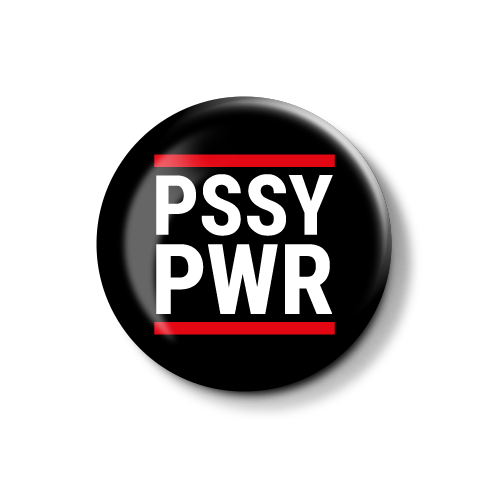 Logo mit dem Text "PSSY PWR" in fetten Buchstaben auf schwarzem Hintergrund.
