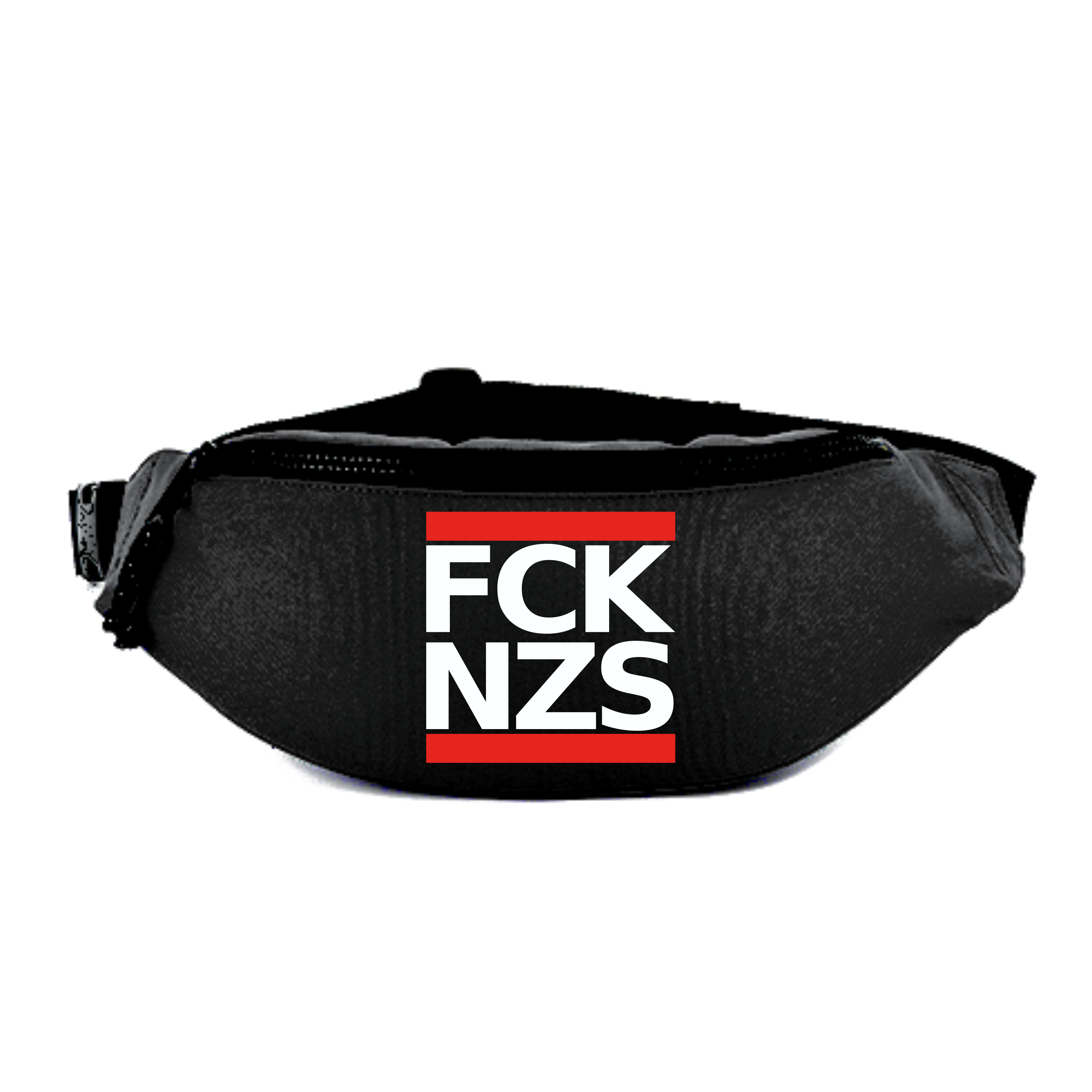 Schwarze Bauchtasche mit auffälligem weißen und rotem Aufdruck „FCK NZS“.
