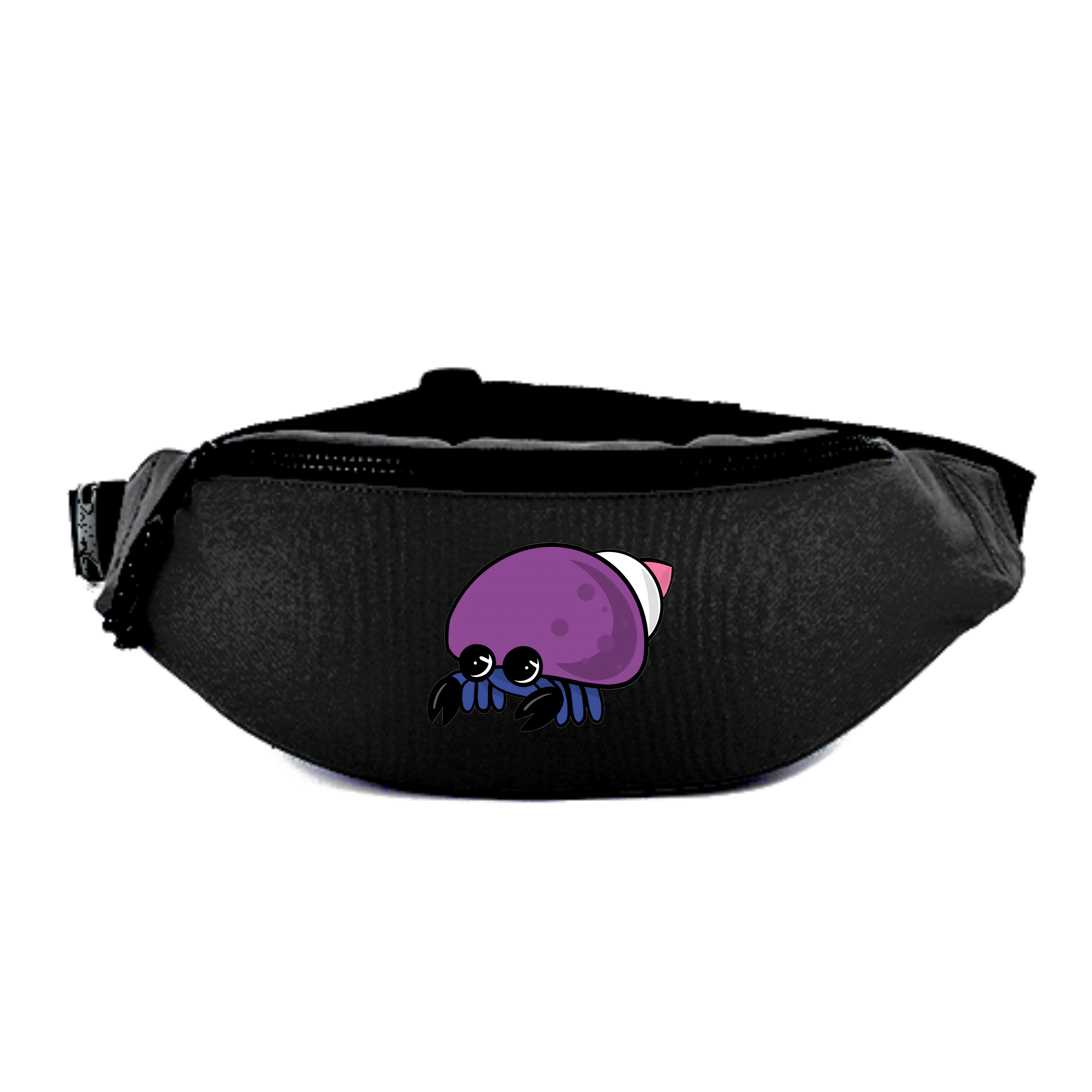 Eine schwarze Bauchtasche mit einem bunten, cartoonhaften Krabben-Motiv auf der Vorderseite.