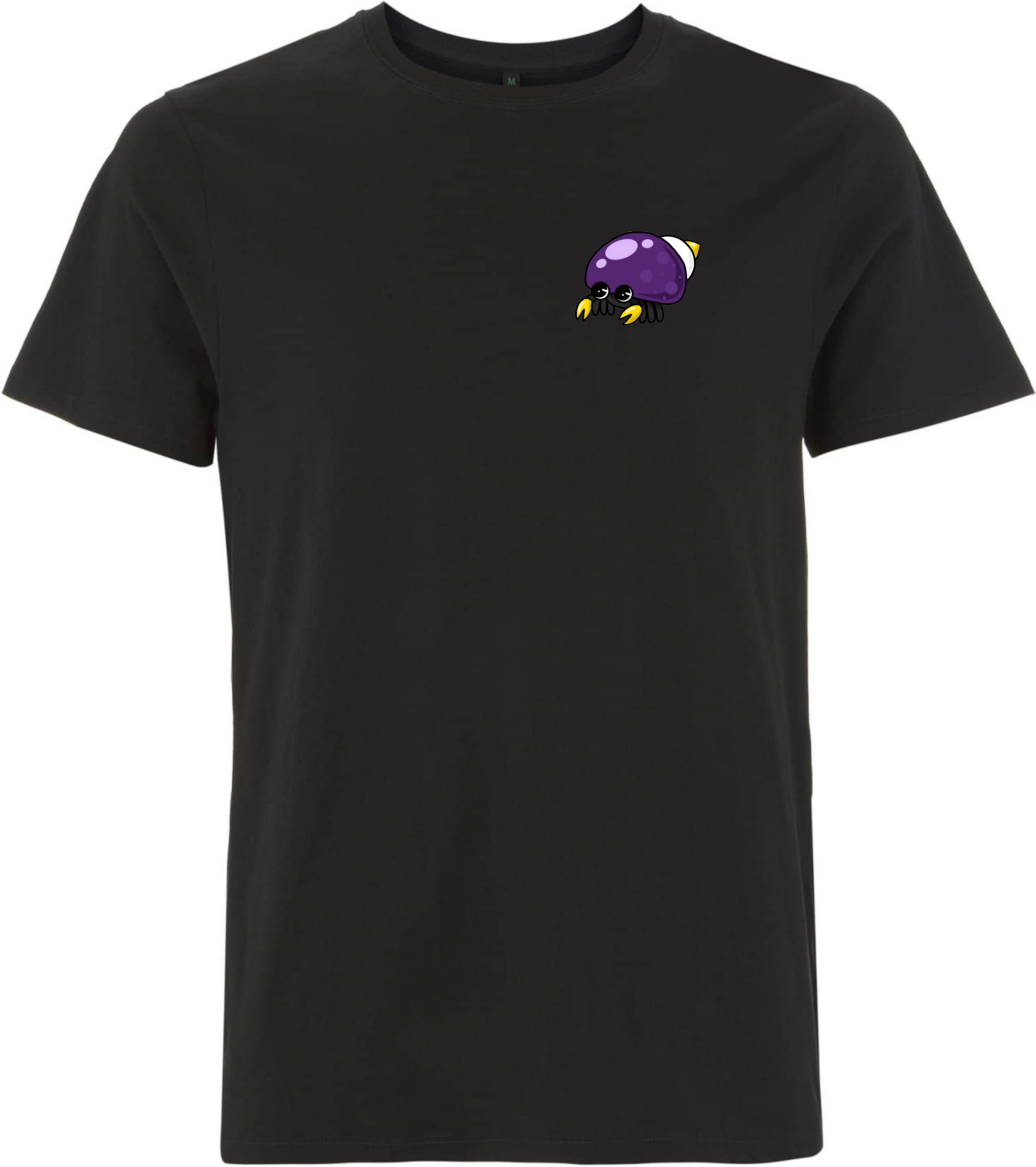 Schwarzes T-Shirt mit einem bunten, cartoonhaften Motiv eines Käfers auf der linken Brustseite.