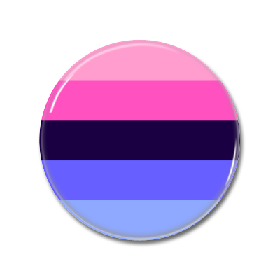 Ansteckbutton mit den Farben der bisexuellen Flagge in horizontalen Streifen.