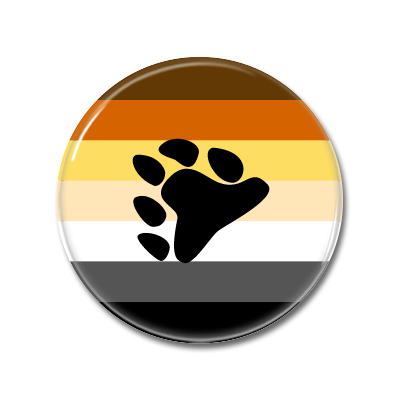 Button mit einem Pfotenabdruck und Hüpfbandfarben in Braun, Orange, Gelb, Weiß und Schwarz.