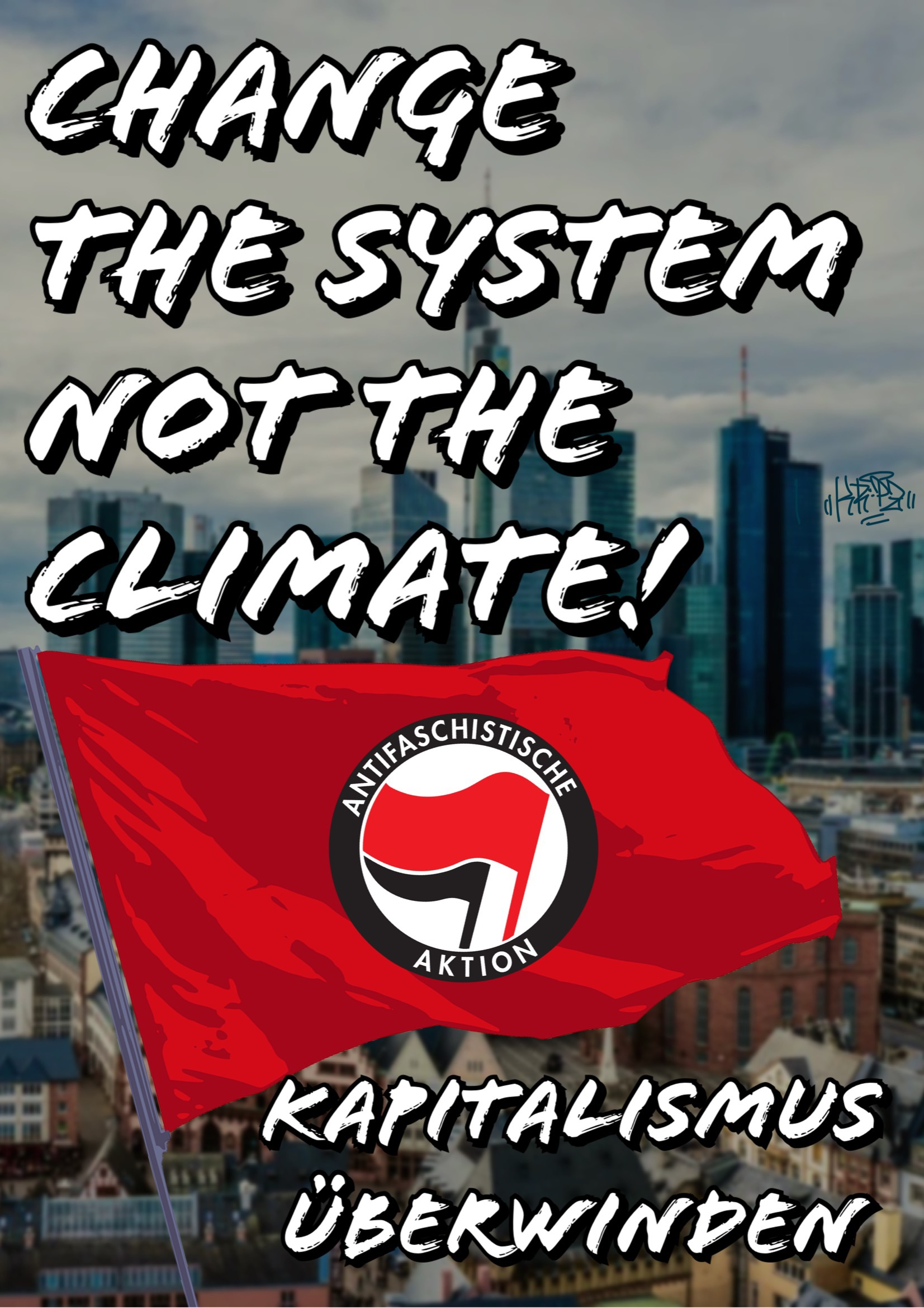 Rote Flagge mit dem Logo der Antifaschistischen Aktion und einem Slogan, der soziale Veränderungen fordert.