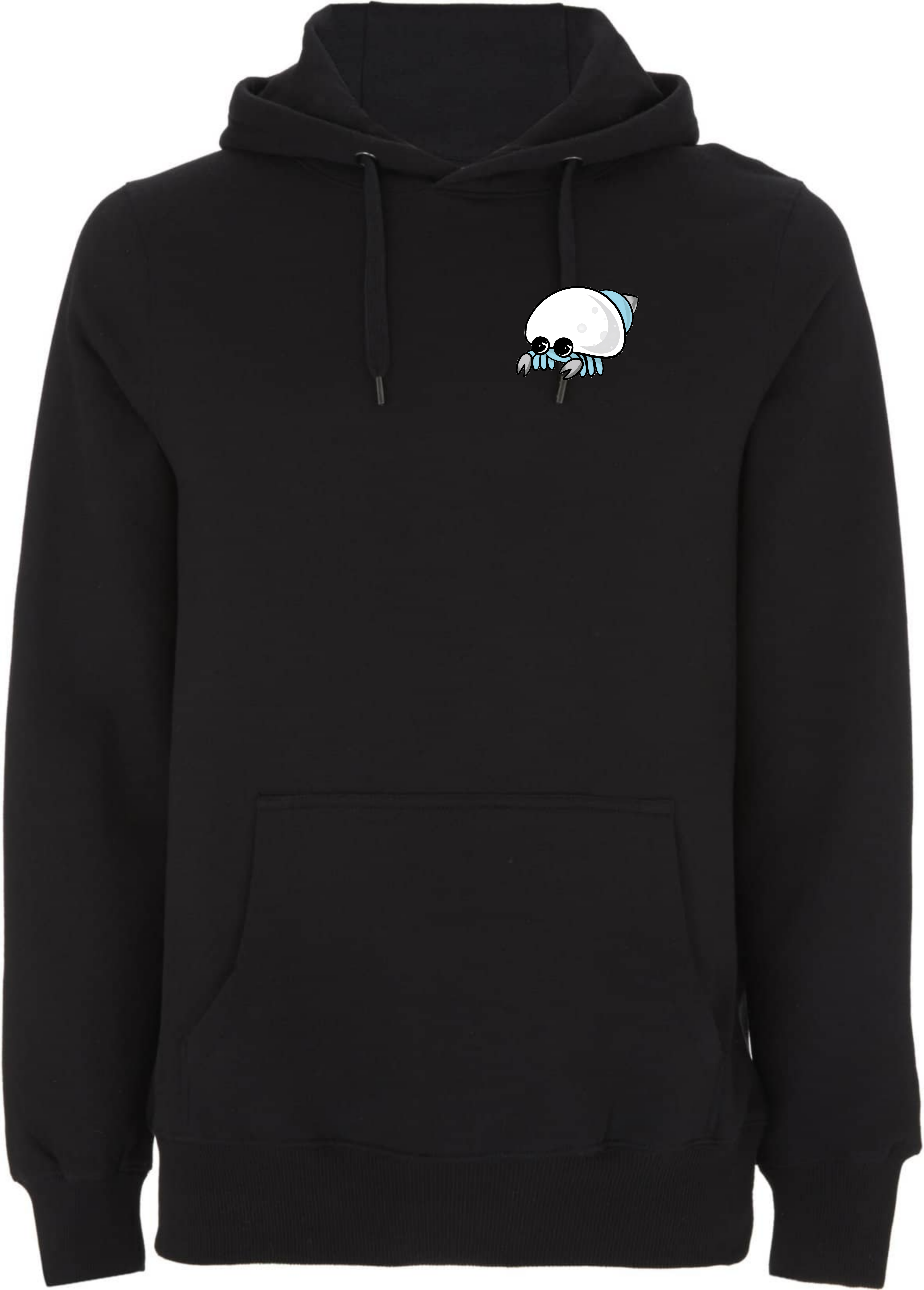 Schwarzer Hoodie mit einem grafischen Aufdruck eines stilisierten Krabbenmotivs auf der Brust.