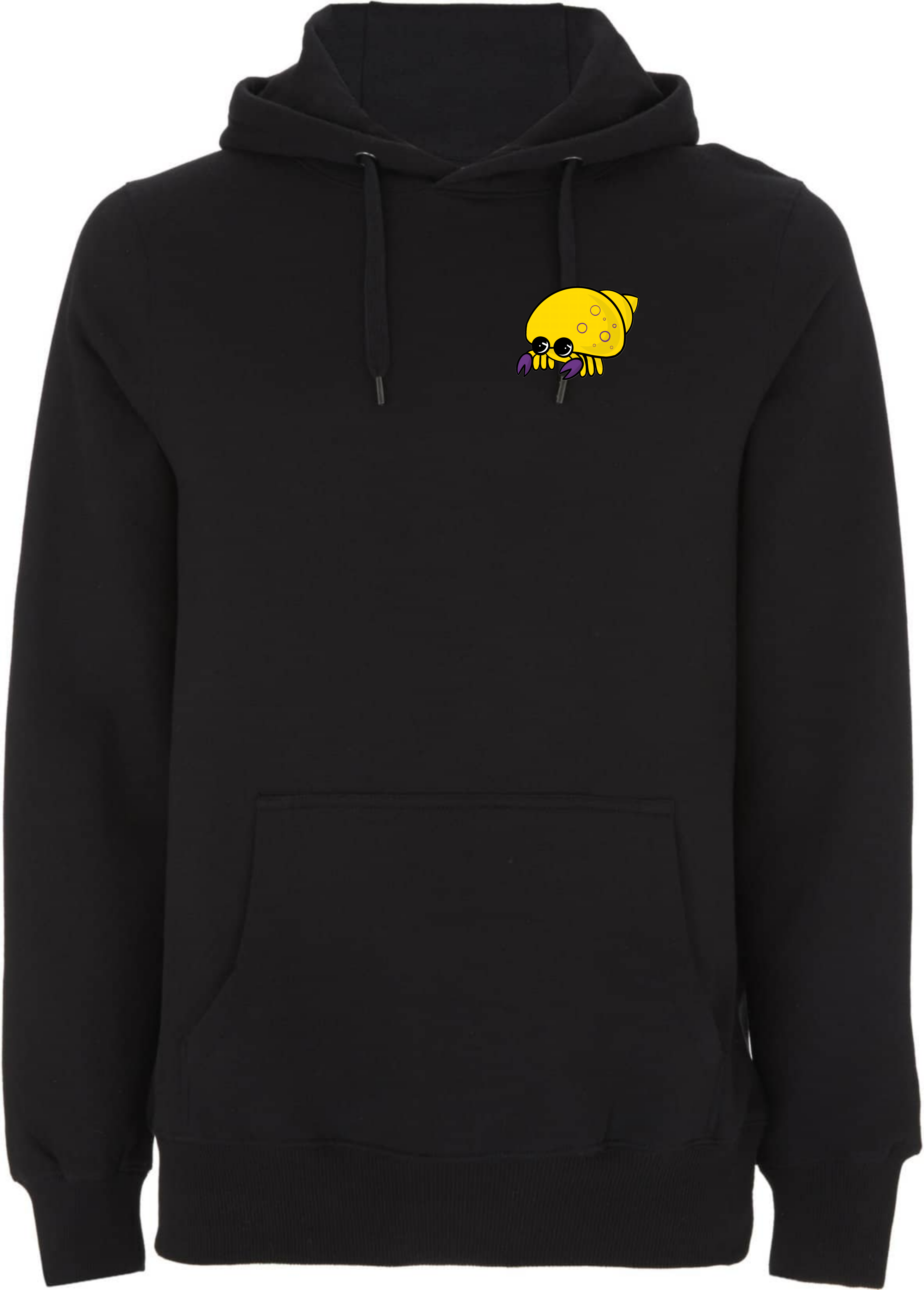 Schwarzer Hoodie mit einem bunten, cartoonhaften Gelbkrabben-Motiv auf der linken Brustseite.