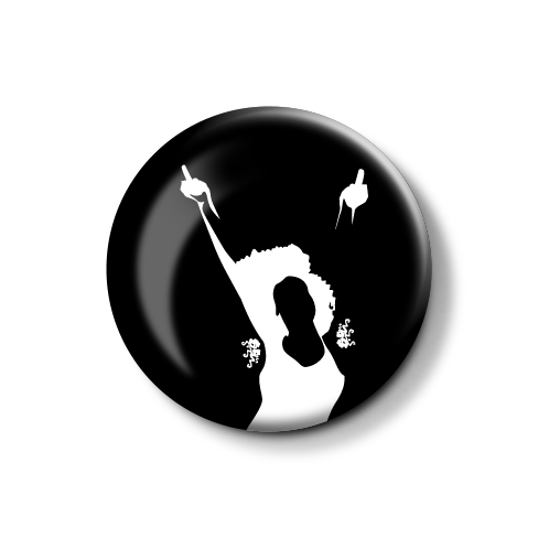 Stylisierte schwarze Silhouette einer feiernden Person mit ausgestreckten Armen.