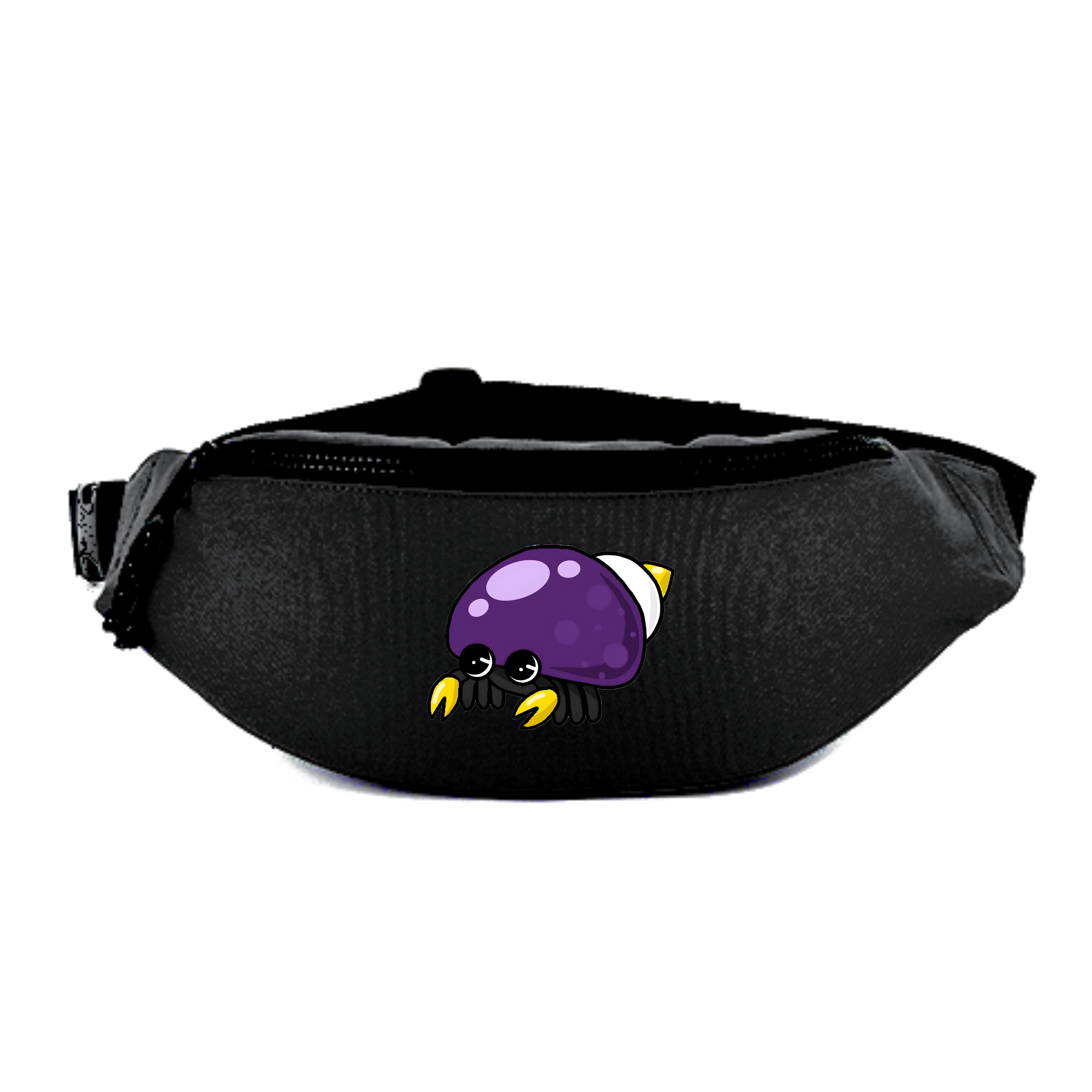 Praktische schwarze Bauchtasche mit einem niedlichen, lila Käfer-Motiv.