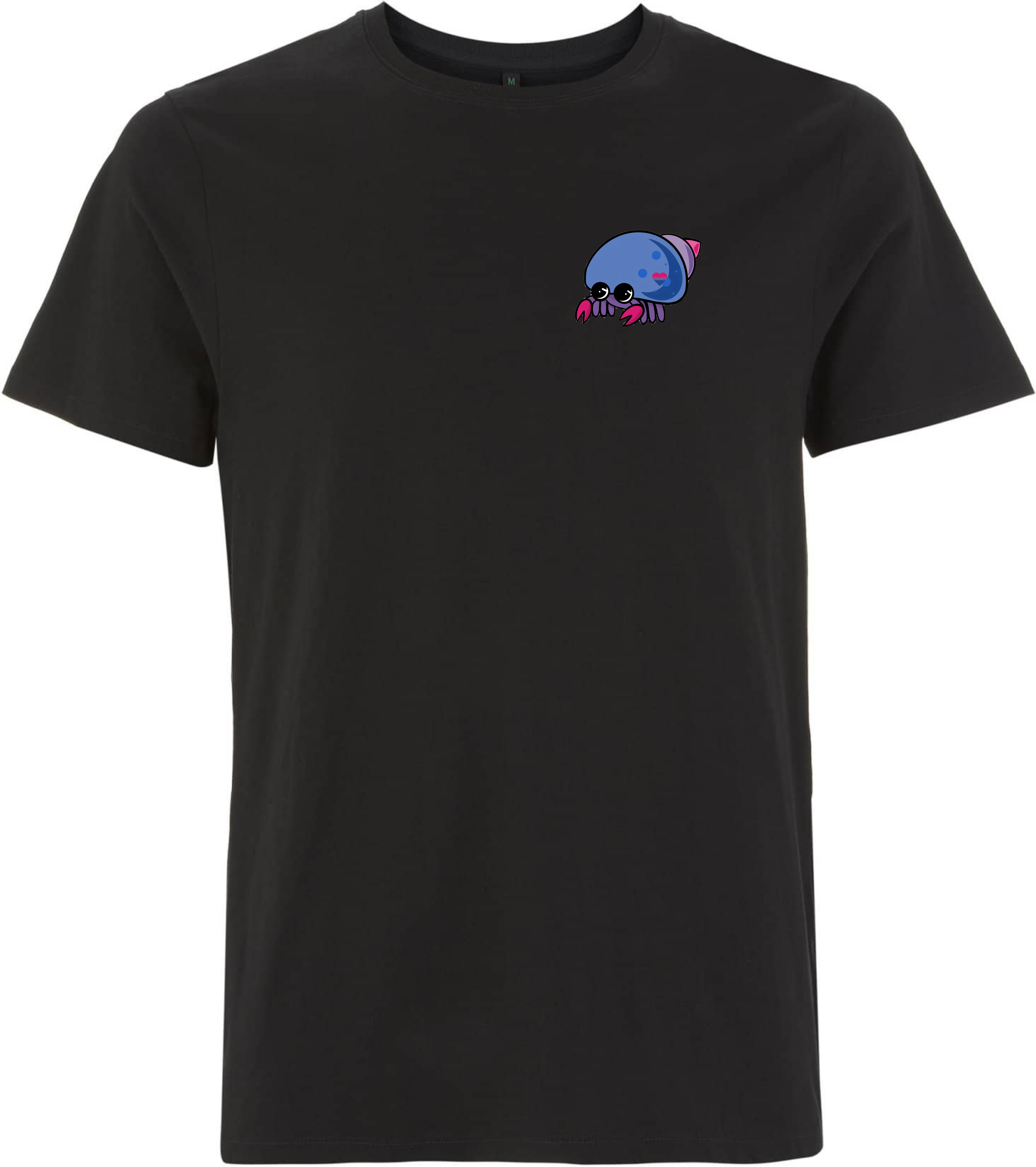Schwarzes T-Shirt mit einem bunten, cartoonhaften Motiv eines Krabbenähnlichen Wesens auf der Vorderseite.