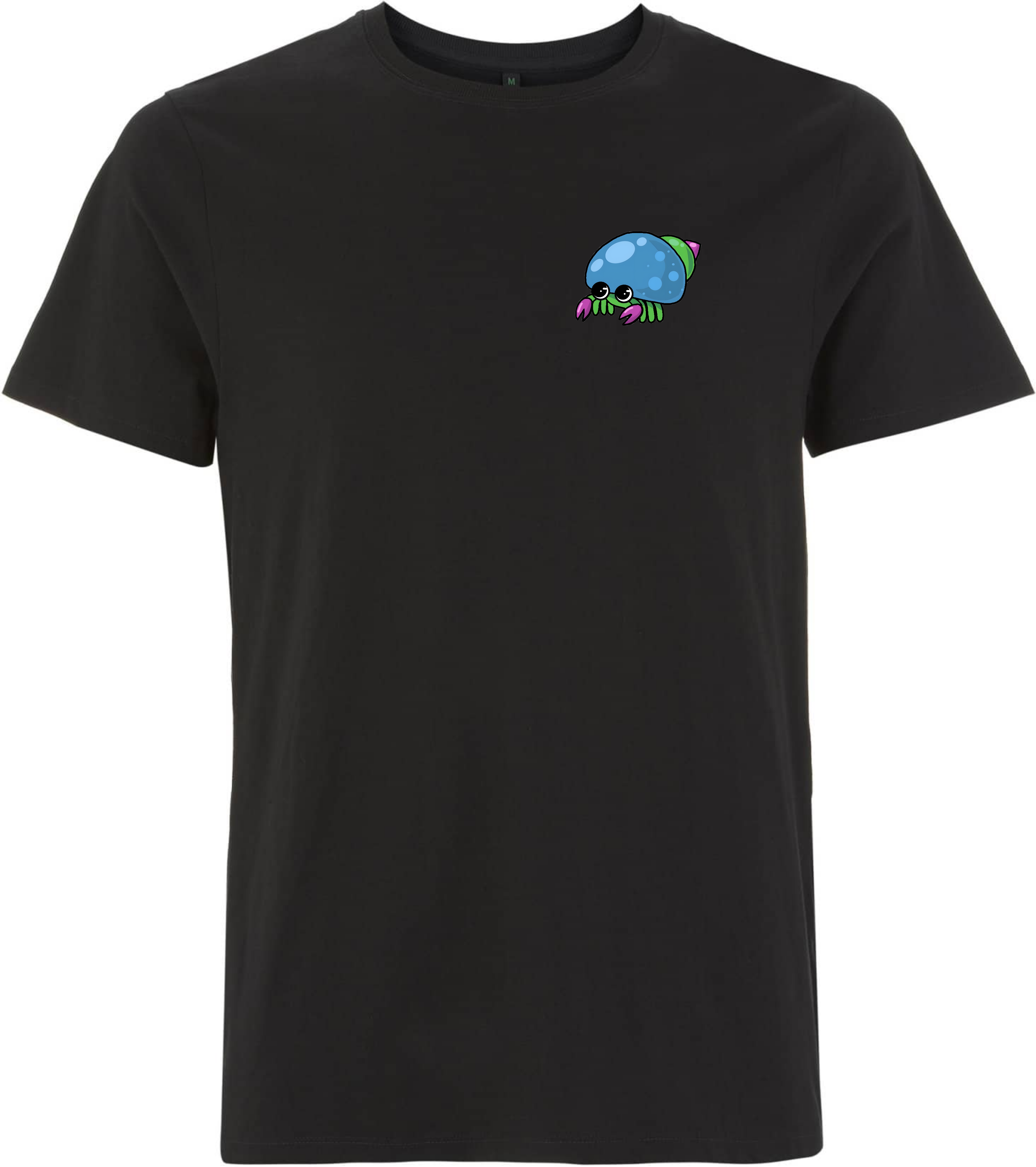Schwarzes T-Shirt mit einem bunten, cartoonartigen Spinnenmotiv auf der Brust.