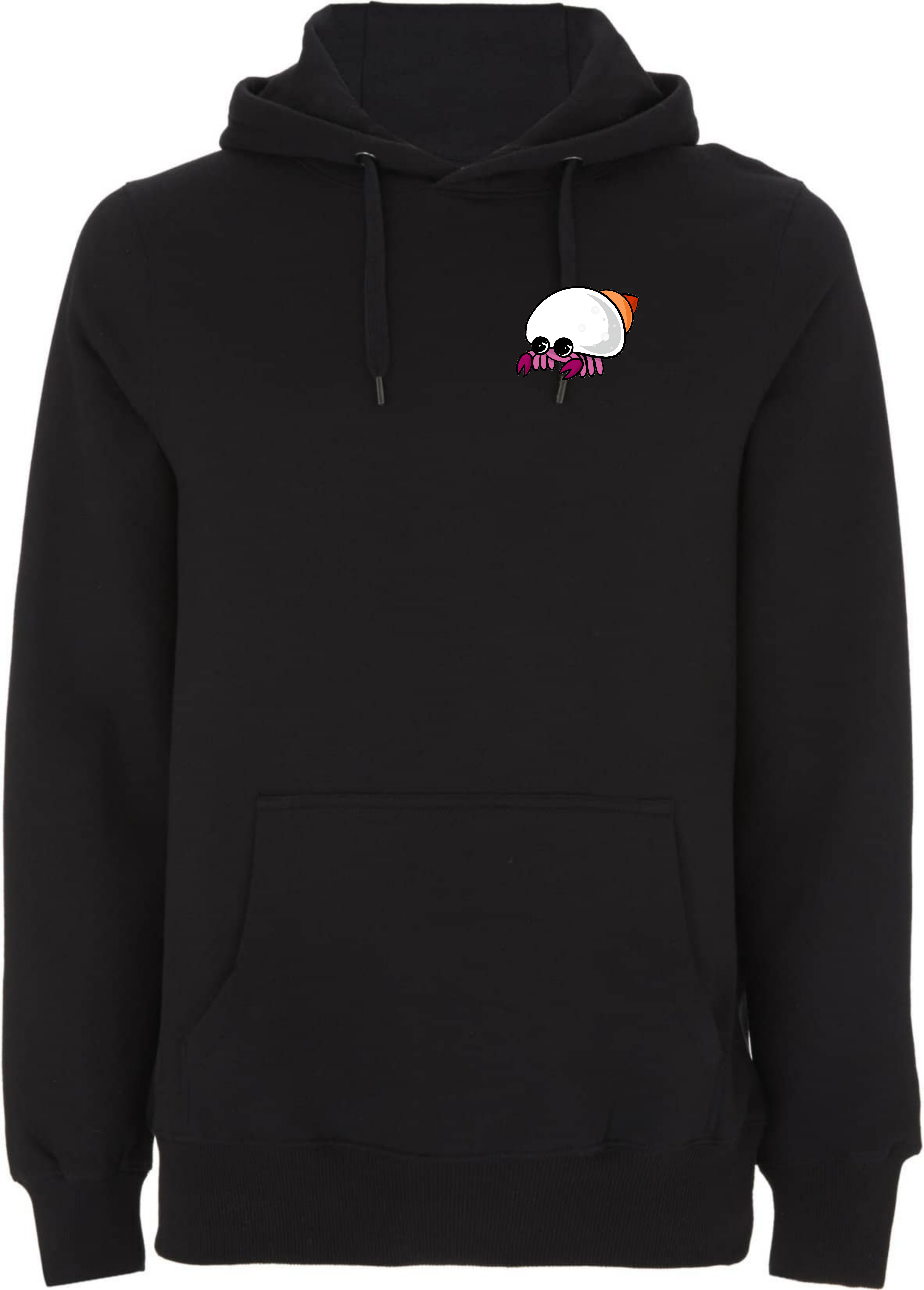 Schwarzer Hoodie mit einem bunten, cartoonhaften Krabben-Design auf der Brust.
