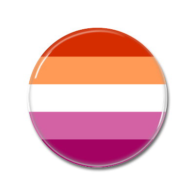 Runder Button mit horizontalen Streifen in den Farben Rot, Orange, Weiß, Rosa und Violett.