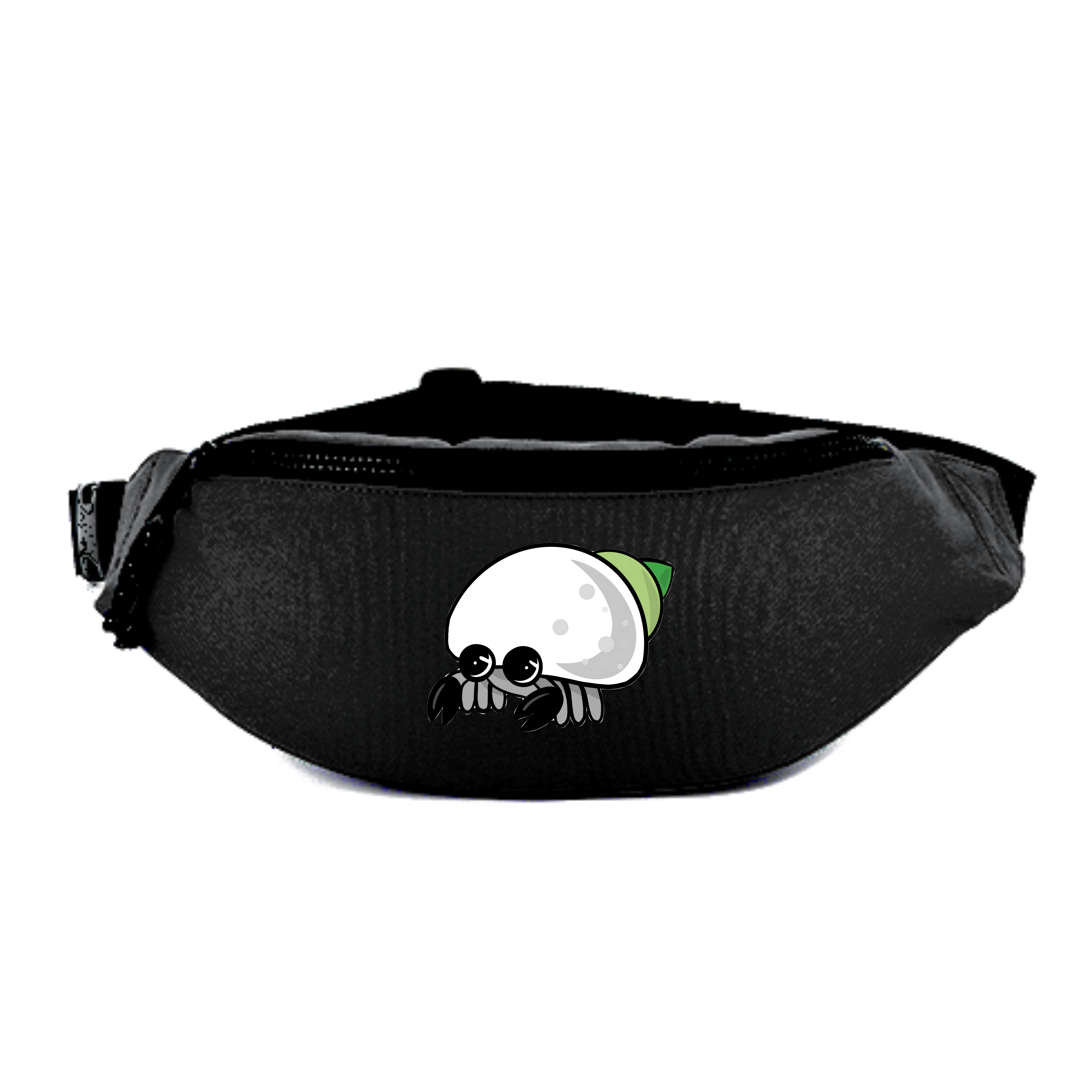Schwarze Bauchtasche mit einem niedlichen, cartoonhaften Schnecken-Design auf der Vorderseite.
