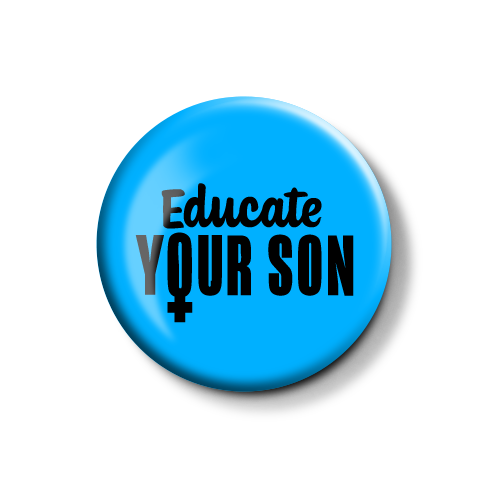 Blauer Button mit dem Text "Educate YOUR SON" in schwarzer Schrift.