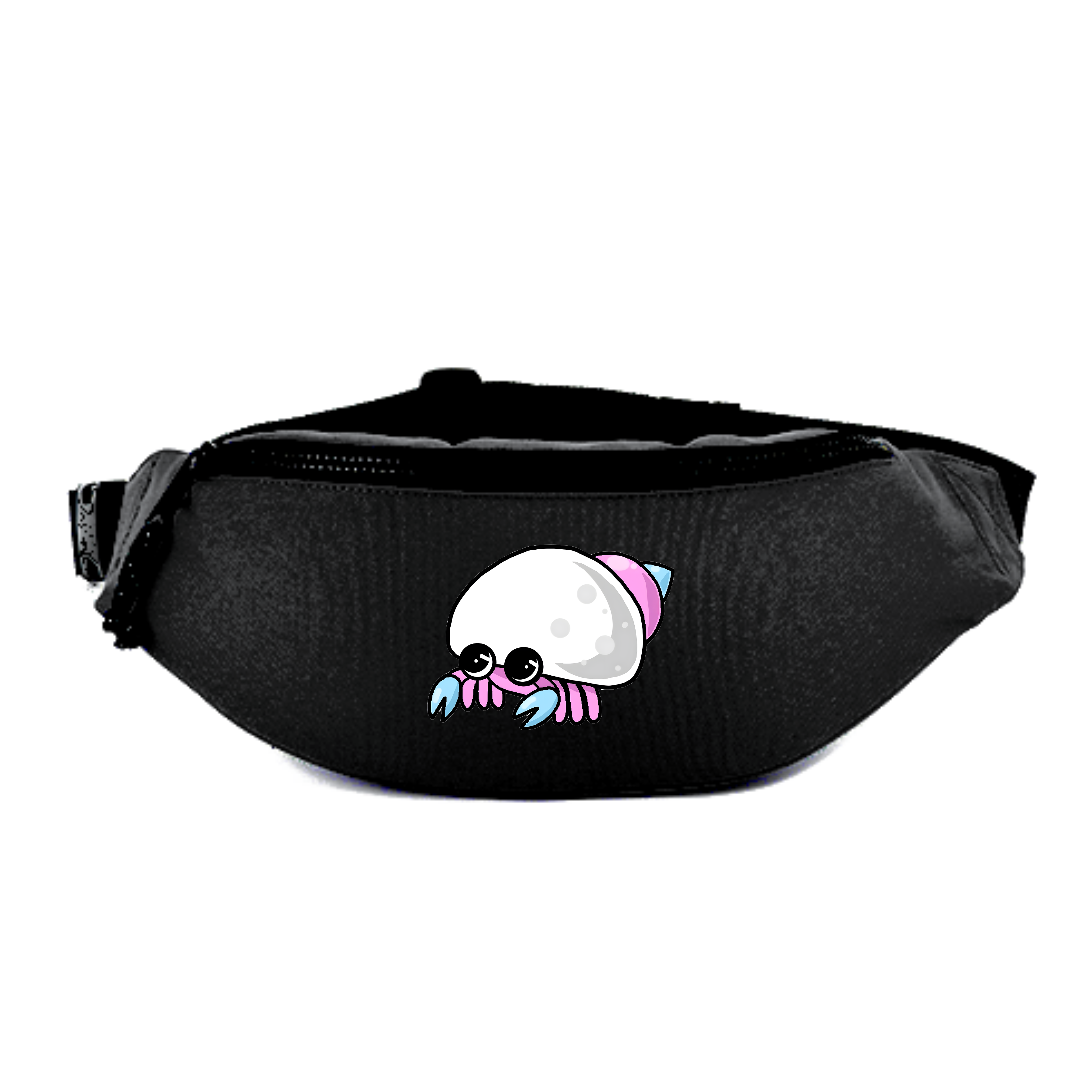 Schwarze Gürteltasche mit einem niedlichen, cartoonhaften Krebs-Motiv.