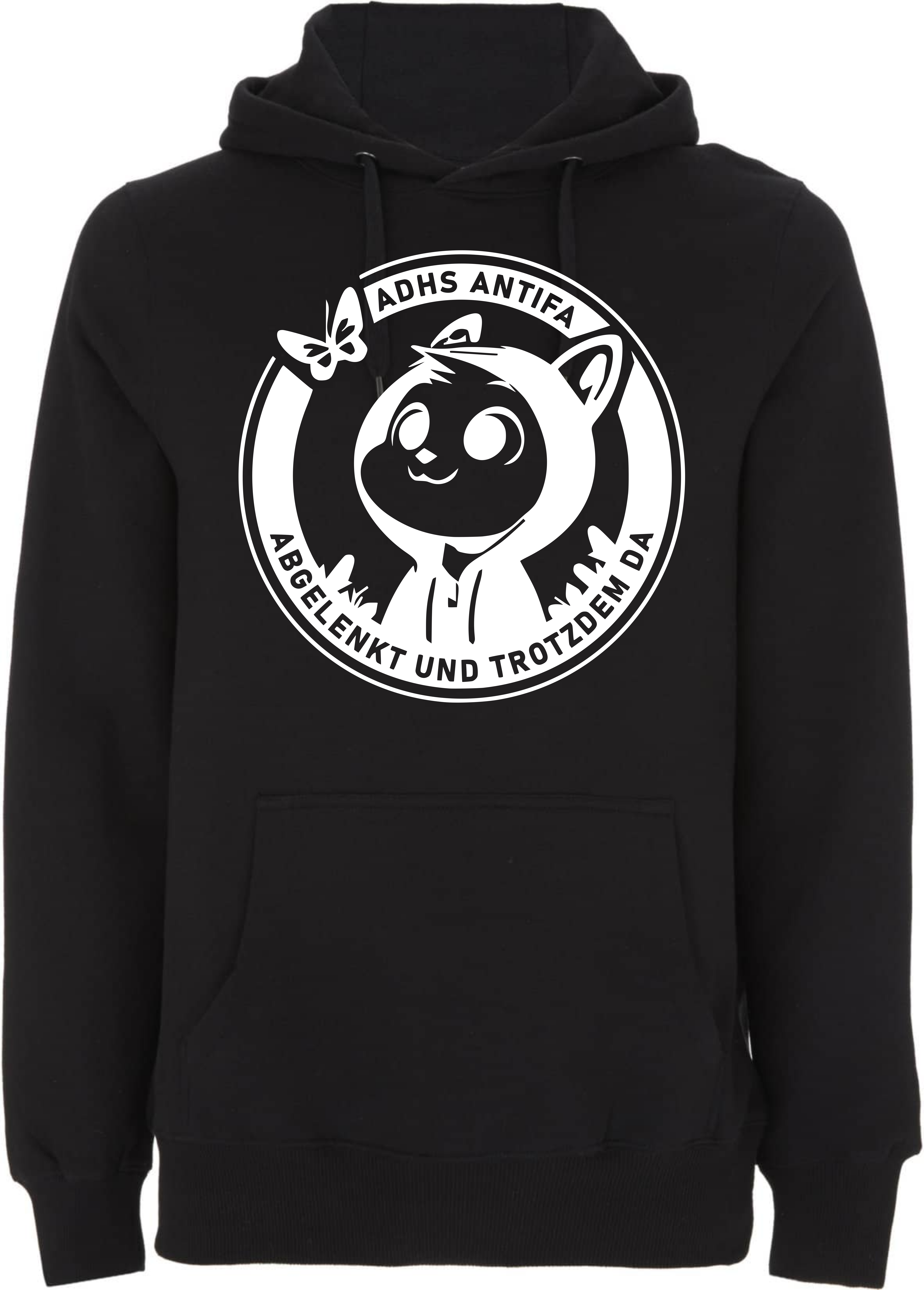 Schwarzer Hoodie mit einem grafischen Aufdruck eines Cartoon-Charakters und dem Text "ADHS ANTIFA - ABGELEGENK UND TROTZDEM DA".