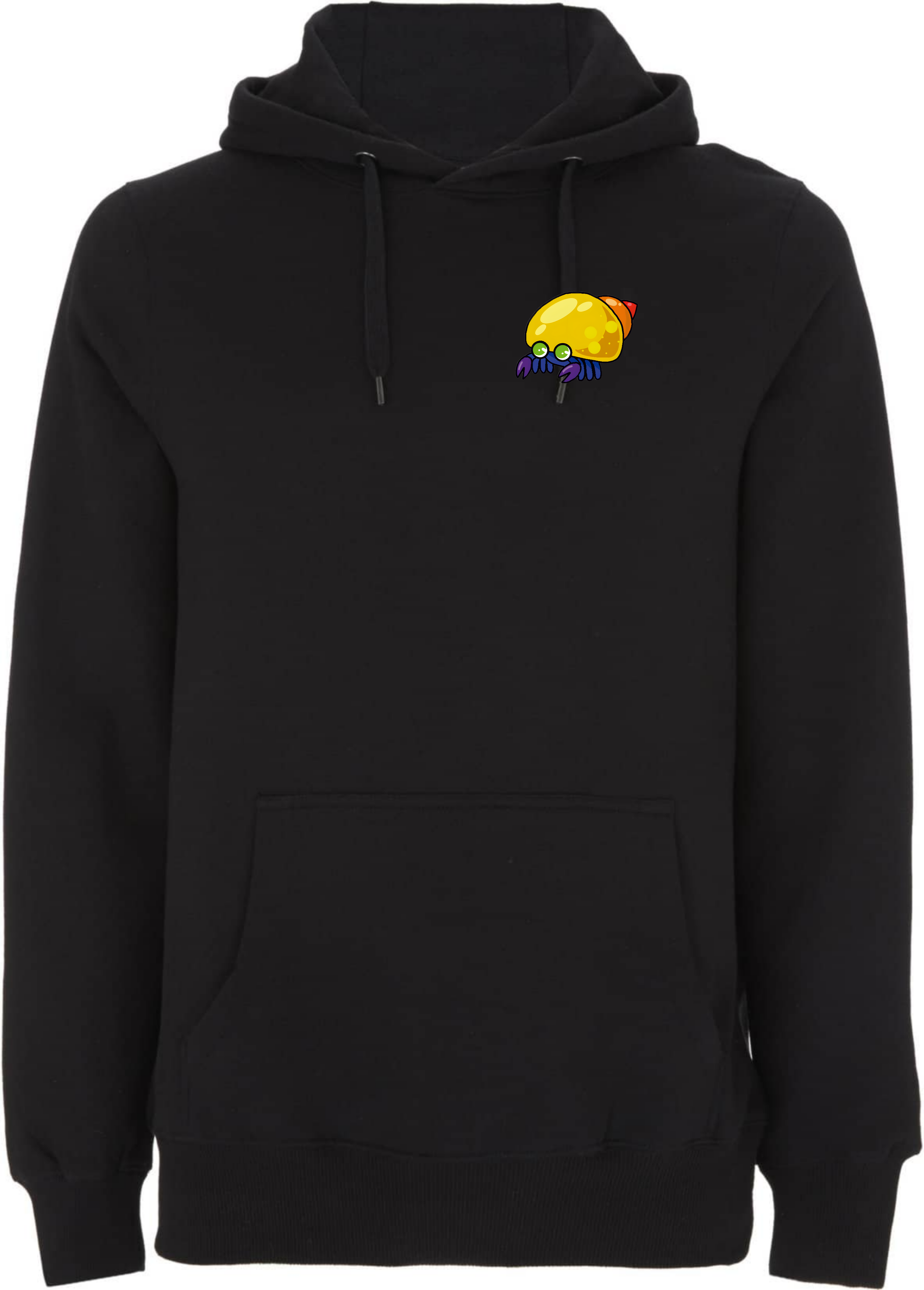 Schwarzer Hoodie mit einem bunten, cartoonhaften Muster eines Schneckenhauses auf der Brust.