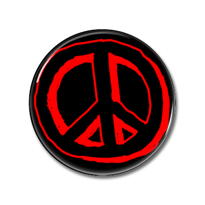 Runder Button mit einem roten Friedenzeichen auf schwarzem Hintergrund.