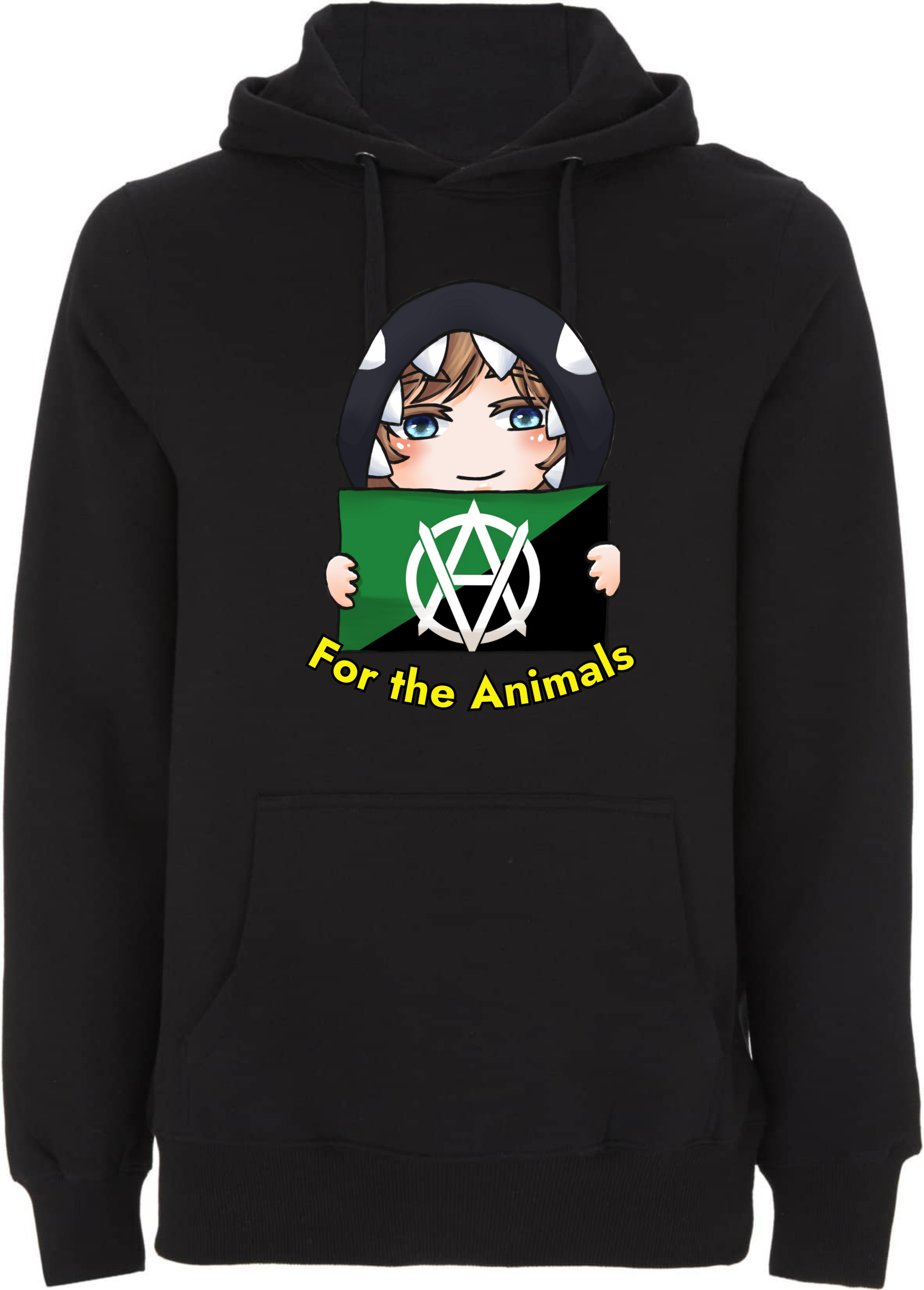 Schwarzer Hoodie mit einem bunten, cartoonhaften Design, das ein Kind mit der Aufschrift "For the Animals" und einem Symbol zeigt.