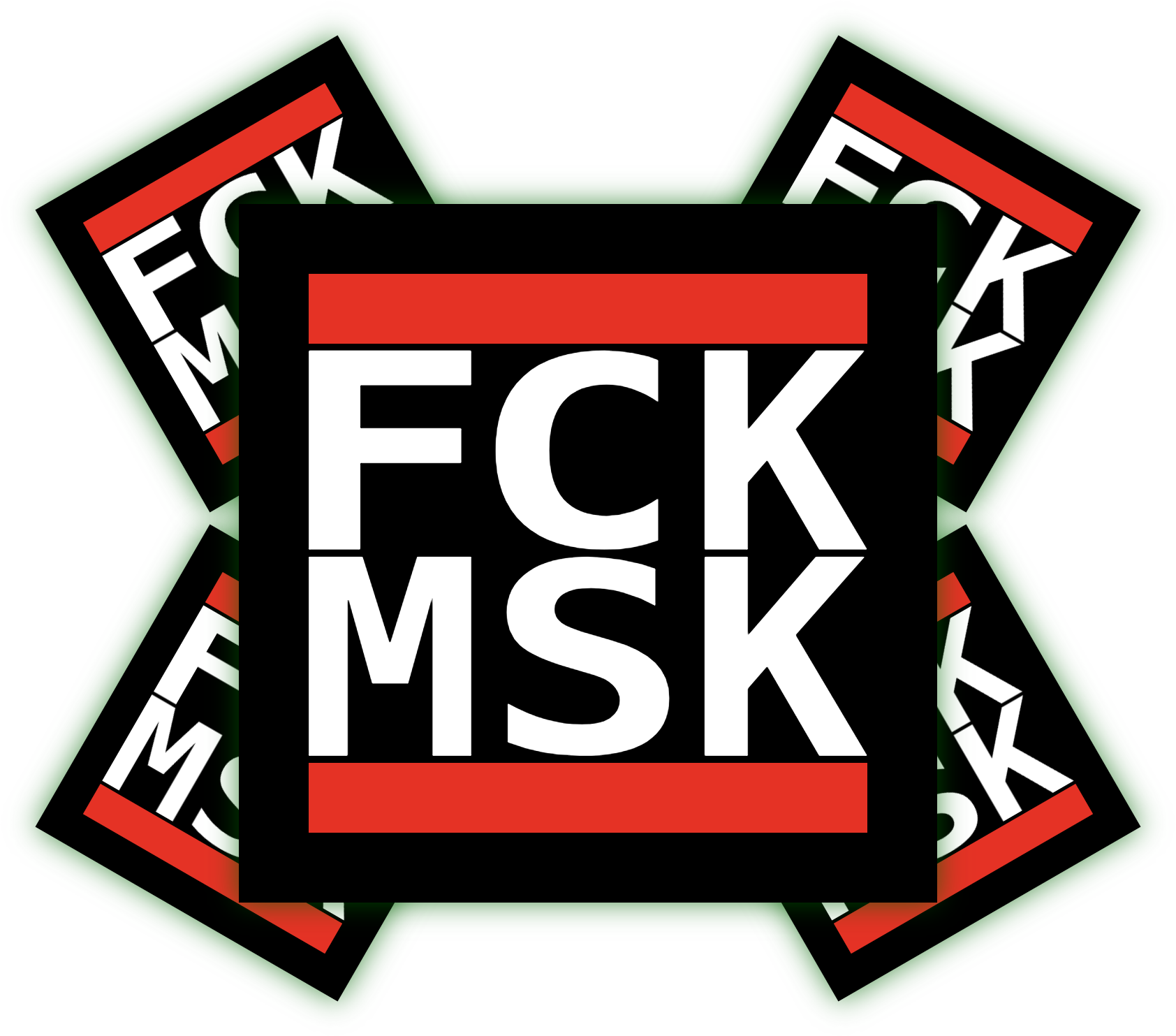 Aufkleber mit dem Text "FCK MSK" in großen weißen Buchstaben auf schwarzem Hintergrund mit rotem Streifen.