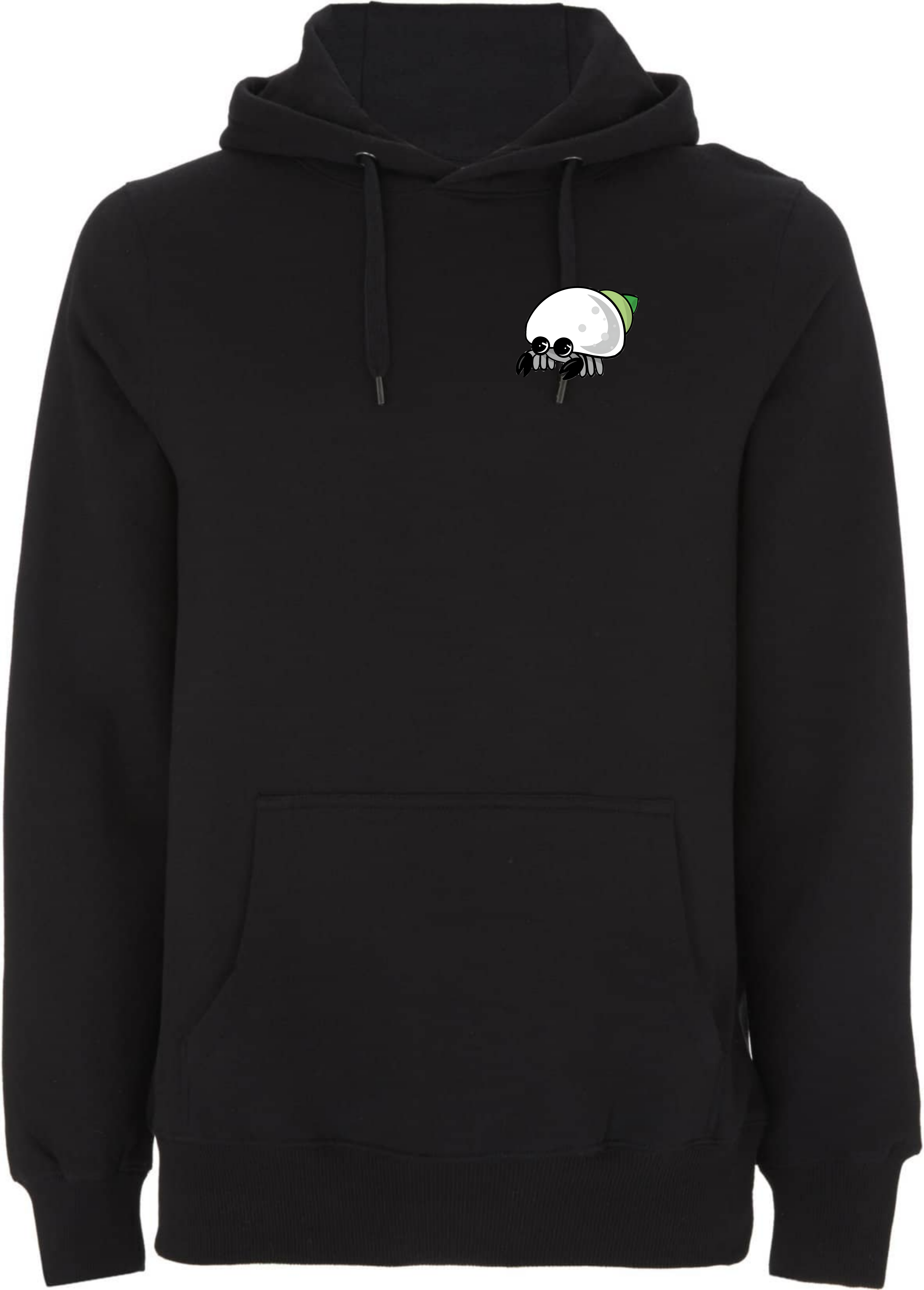 Schwarzer Hoodie mit aufgesticktem, cartoonhaftem Design eines Schneckenkrabbenmotivs auf der Brust.