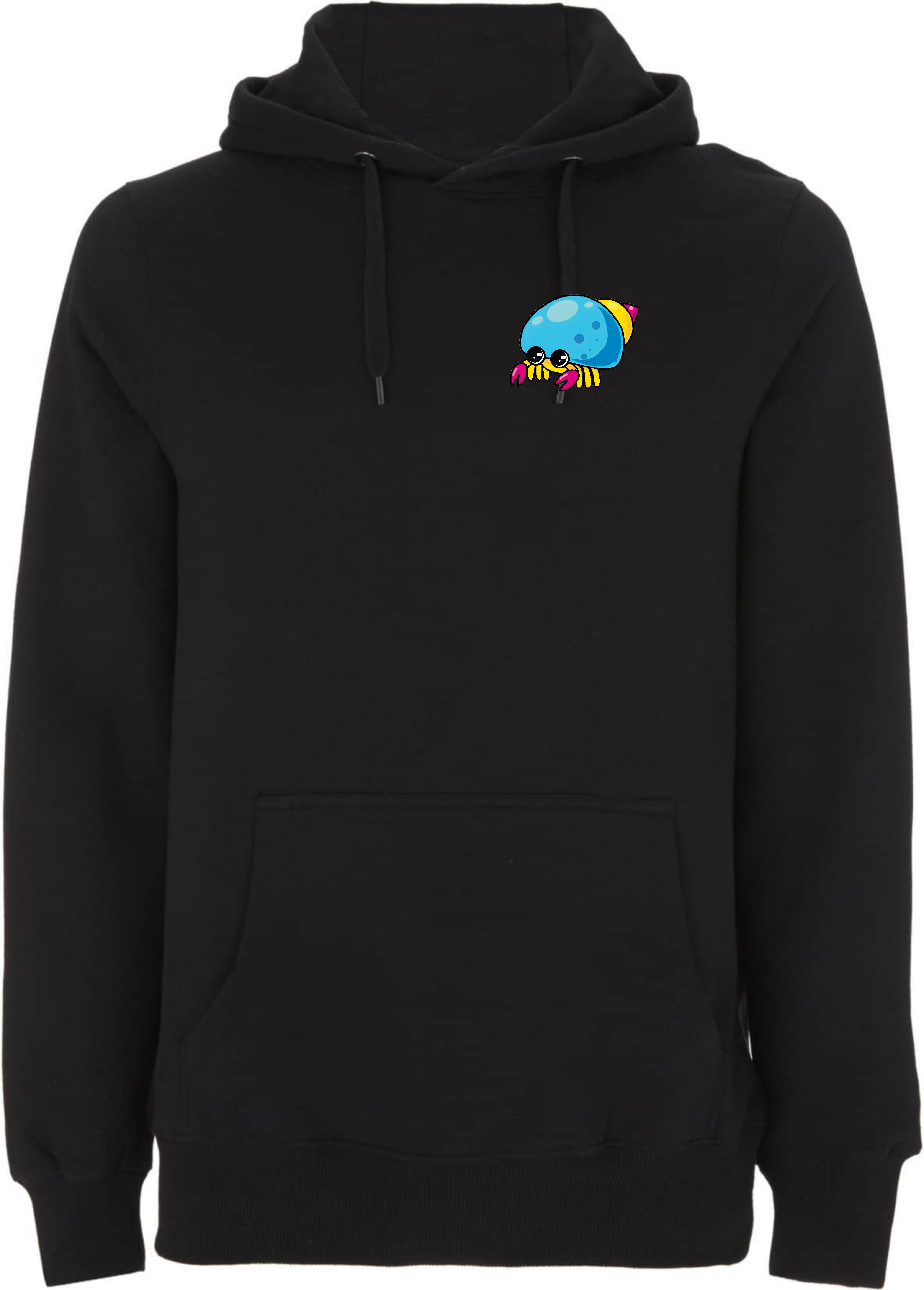 Schwarzer Hoodie mit buntem, cartoonhaftem Krabbenmotiv auf der Brust.