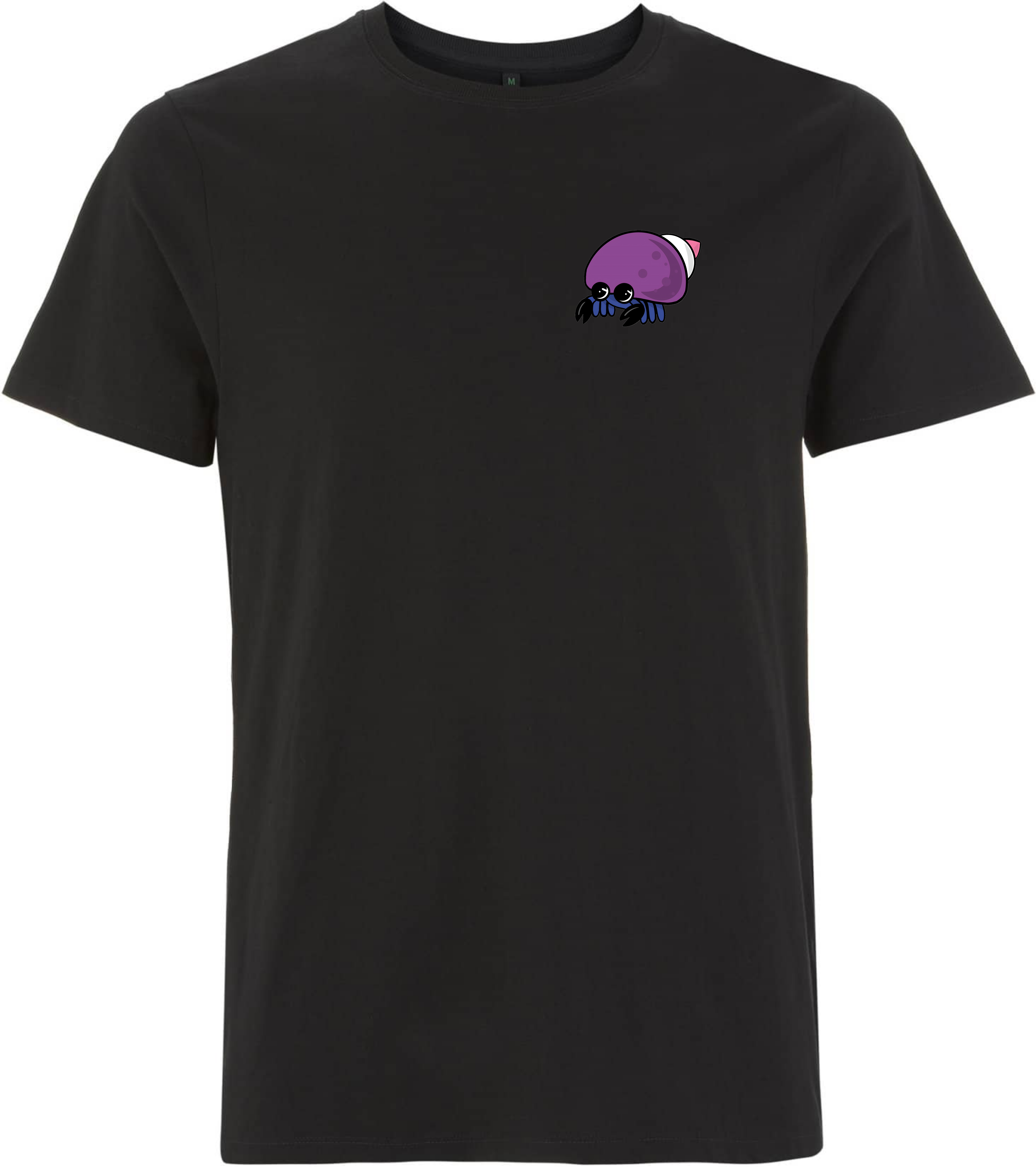 Schwarzes T-Shirt mit einem bunten, cartoonhaften Krabbenmotiv auf der linken Brustseite.