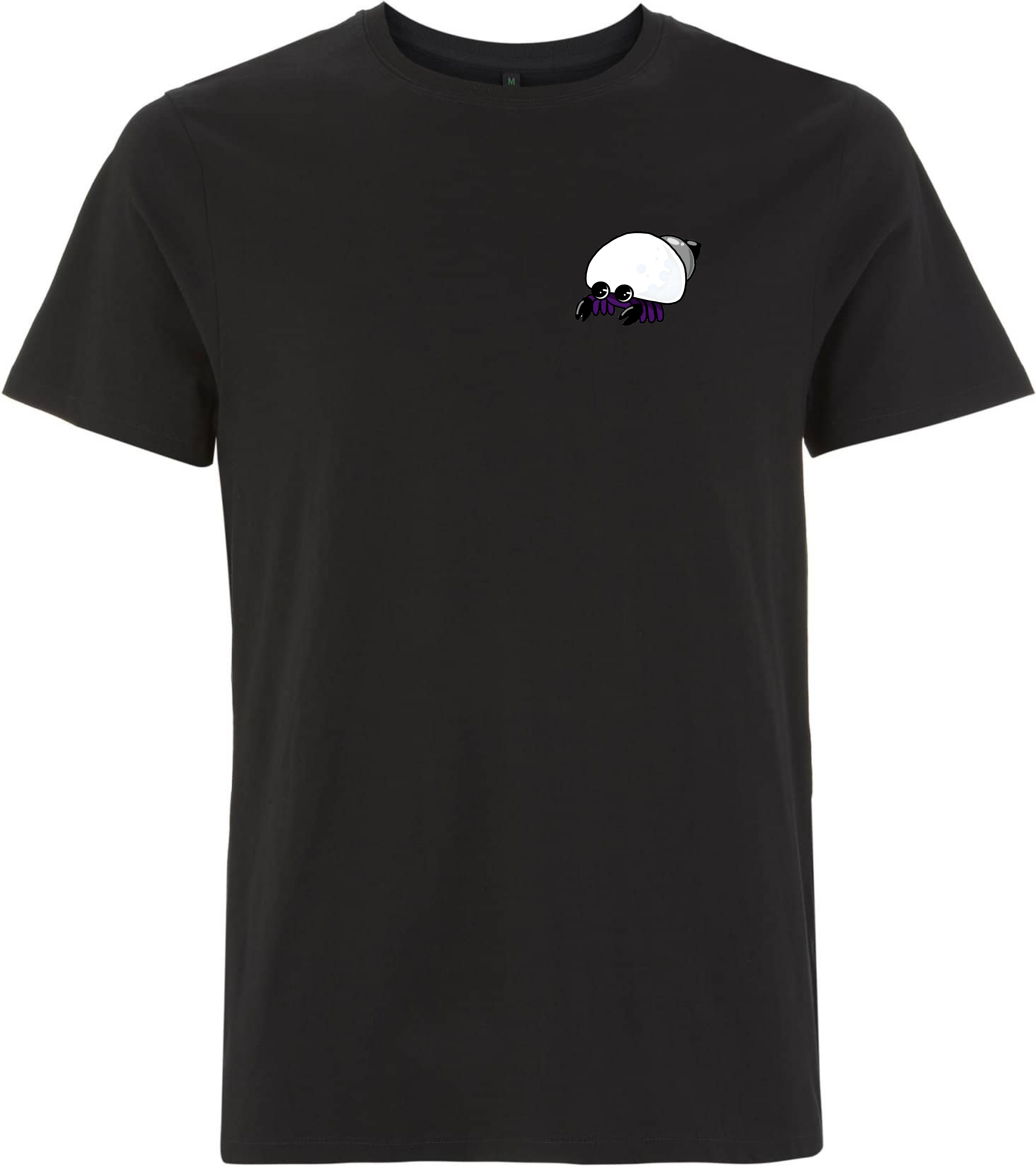Schwarzes T-Shirt mit einem bunten, cartoonhaften Spinnenmotiv auf der linken Brustseite.