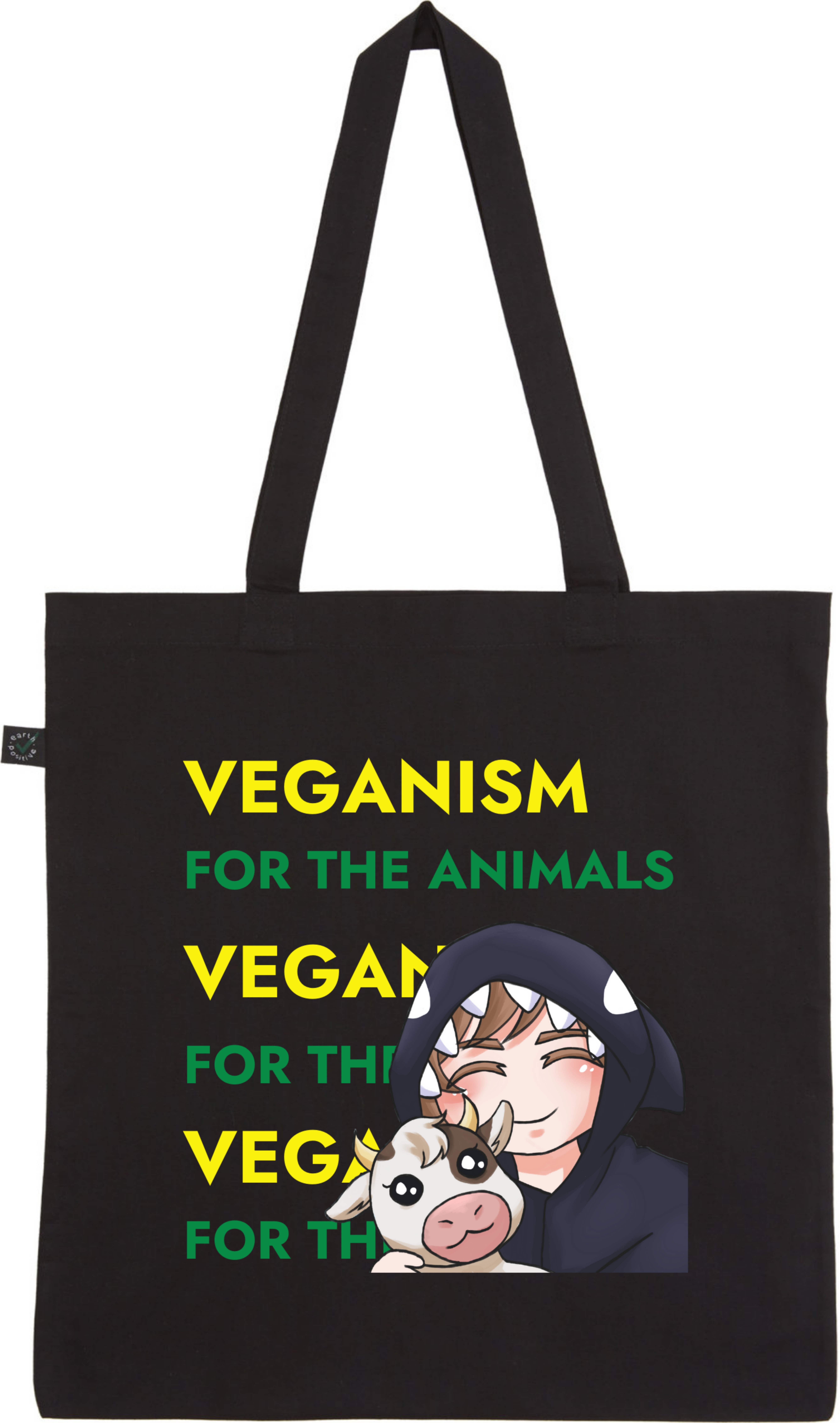 Schwarze Stofftasche mit dem Aufdruck "VEGANISM FOR THE ANIMALS" und einer gezeichneten Figur, die ein Küken hält.