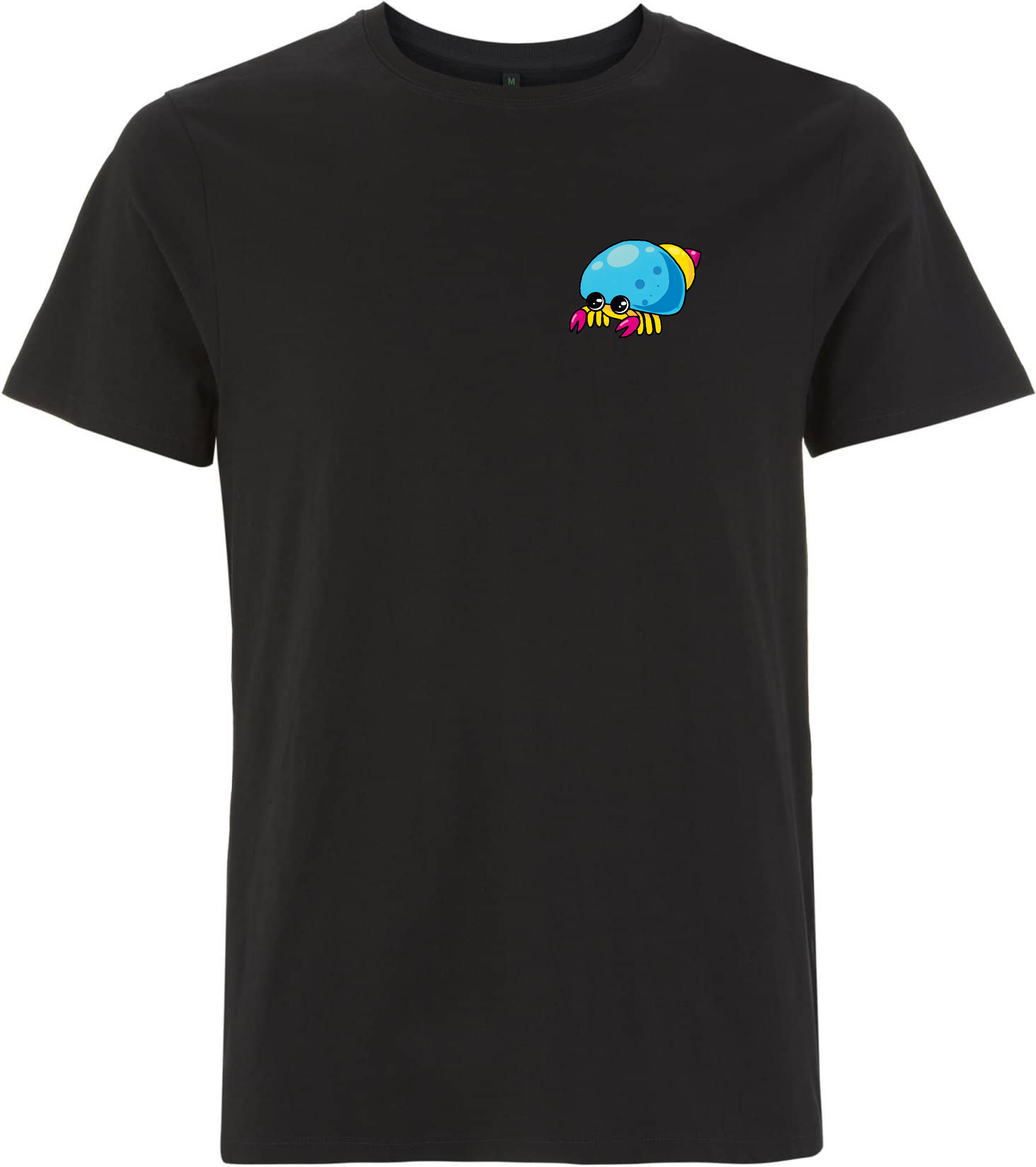 Schwarzes T-Shirt mit einem bunten, cartoonhaften Krebs-Design auf der Brust. 