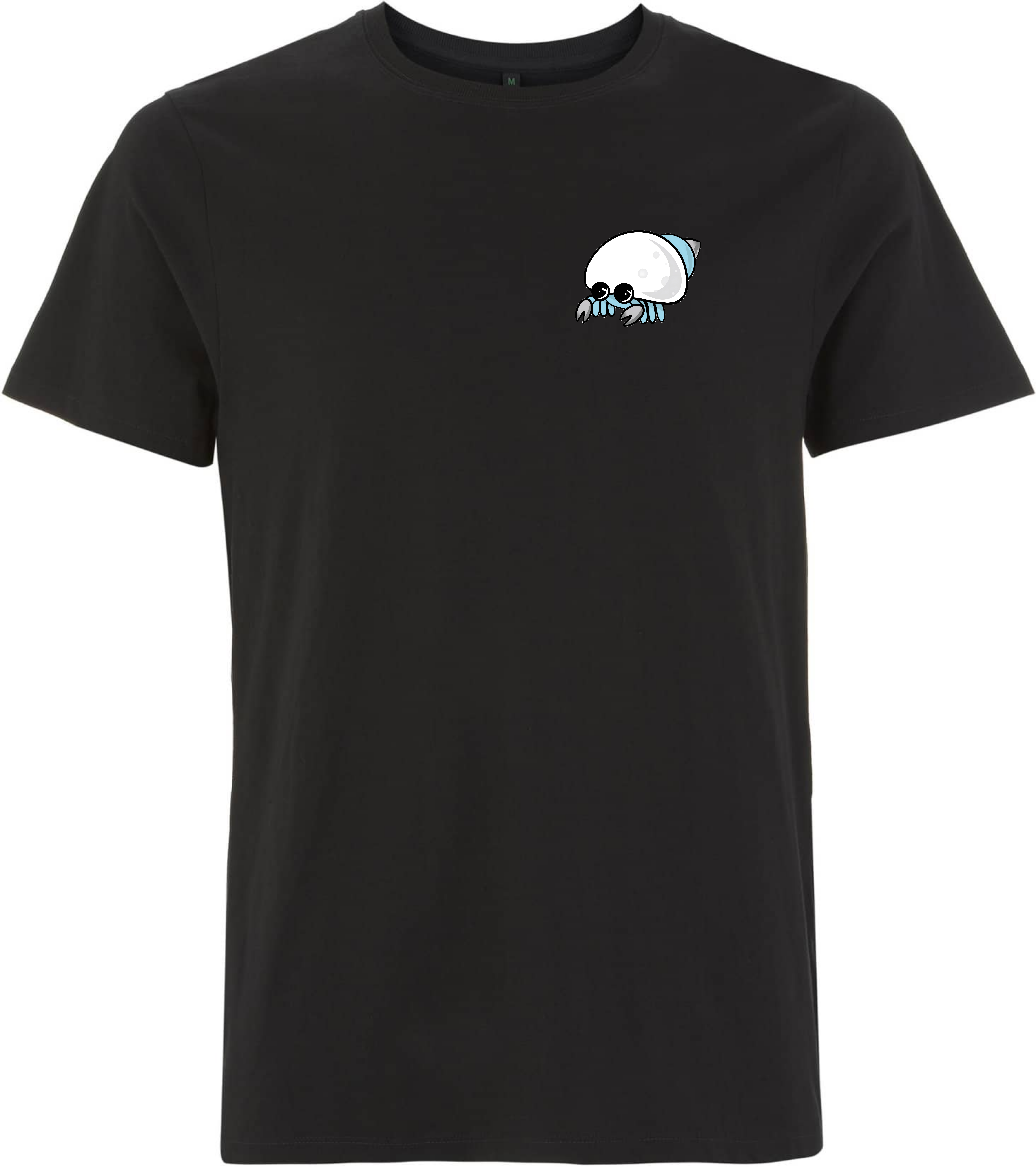 Schwarzes T-Shirt mit einem bunten, cartoonhaften Motiv eines Krabben-ähnlichen Wesens auf der Brust.