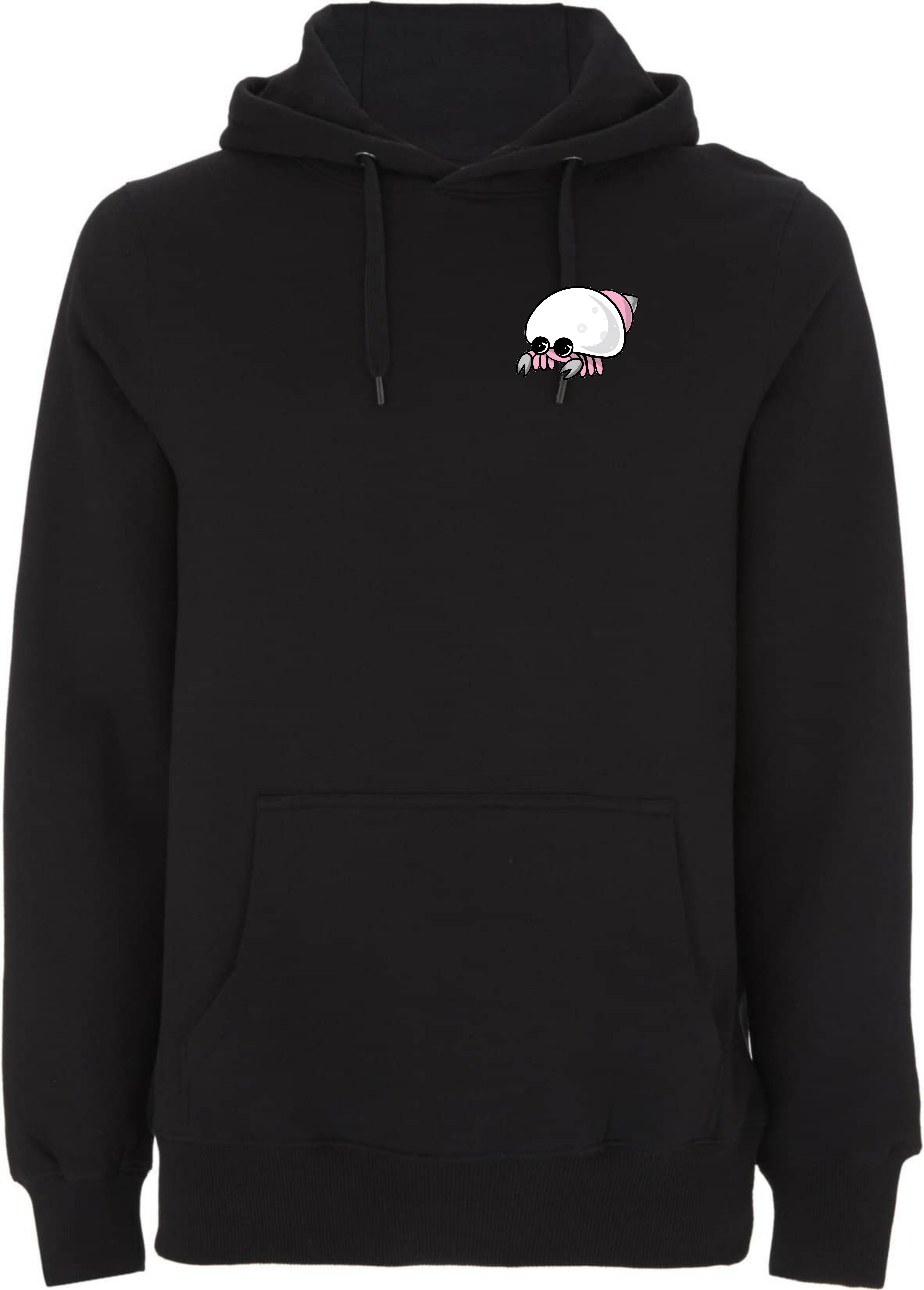 Schwarzer Kapuzenpullover mit einem bunten, cartoonhaften Krabbenmotiv auf der Vorderseite.