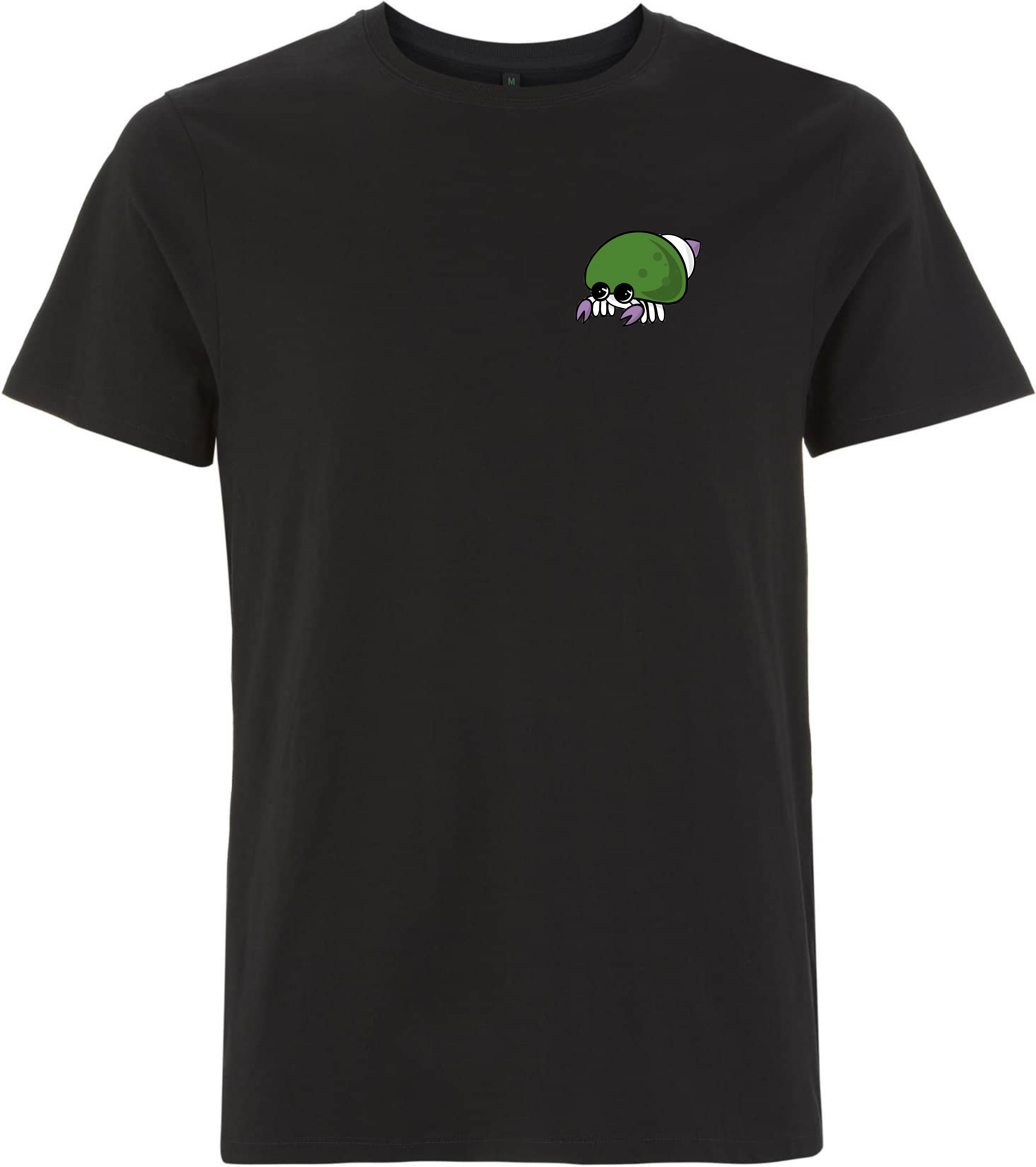 Schwarzes T-Shirt mit einem niedlichen, grünen Krebsmotiv auf der linken Brust.