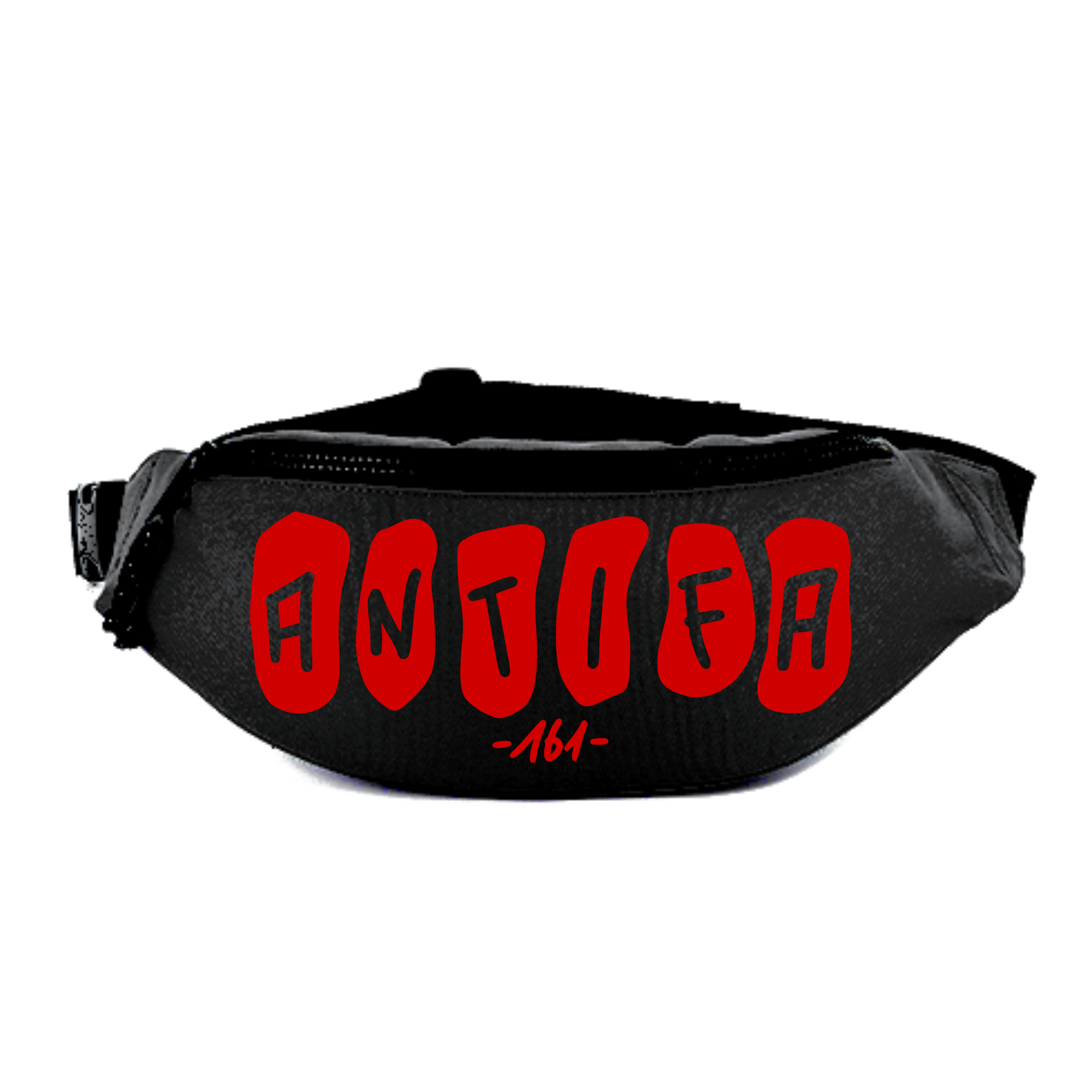Schwarze Bauchtasche mit rotem Aufdruck "ANTIFA 161".