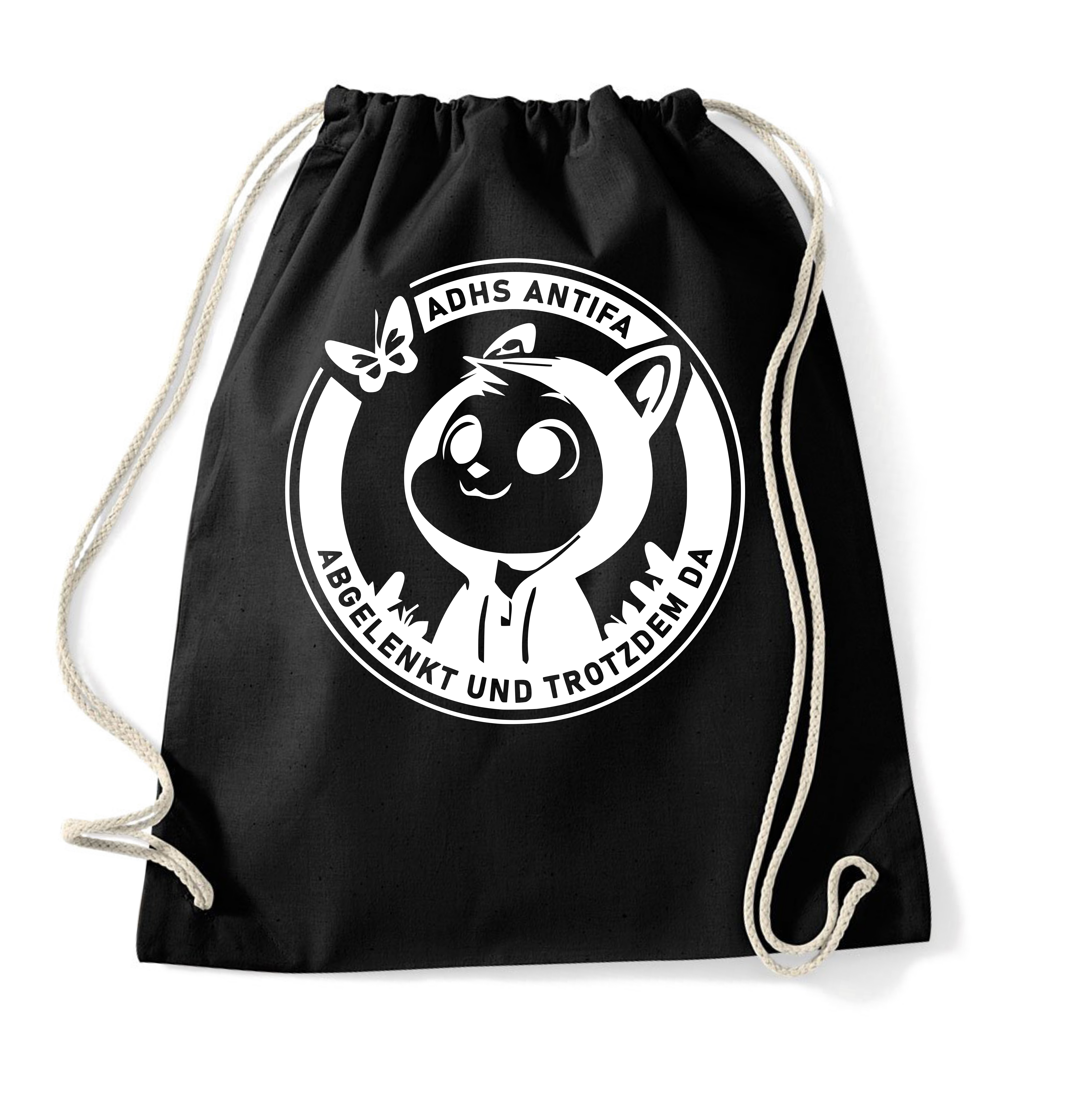 Schwarzer Rucksack mit einem weißen Aufdruck, der eine cartoonartige Figur mit Kapuze und einer Schmetterlingsgrafik zeigt, umgeben von einem Kreis mit dem Text "ADHS ANTIFA ABGELENKT UND TROTZDEM DA".