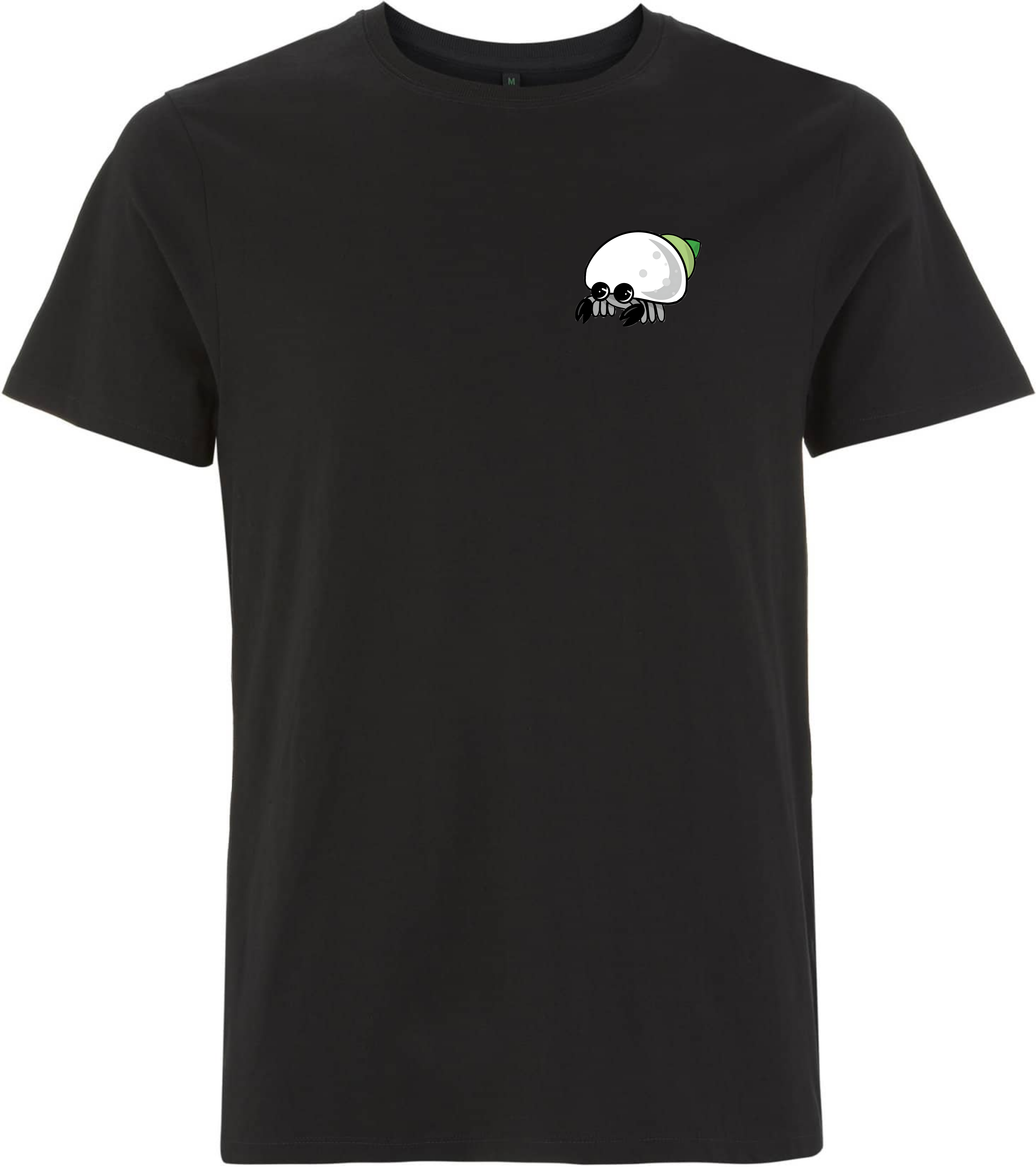 Schwarzes T-Shirt mit einem einzigartigen, cartoonhaften Motiv eines Krabbentiers auf der Vorderseite.